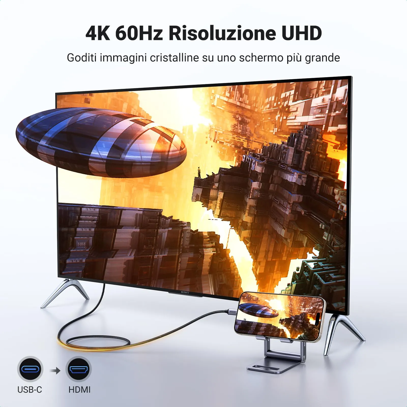 UGREEN USB C to HDMI 4K@60Hz UHD Cable, Type C 3.0 Unidirectional, 3M - immagine 2
