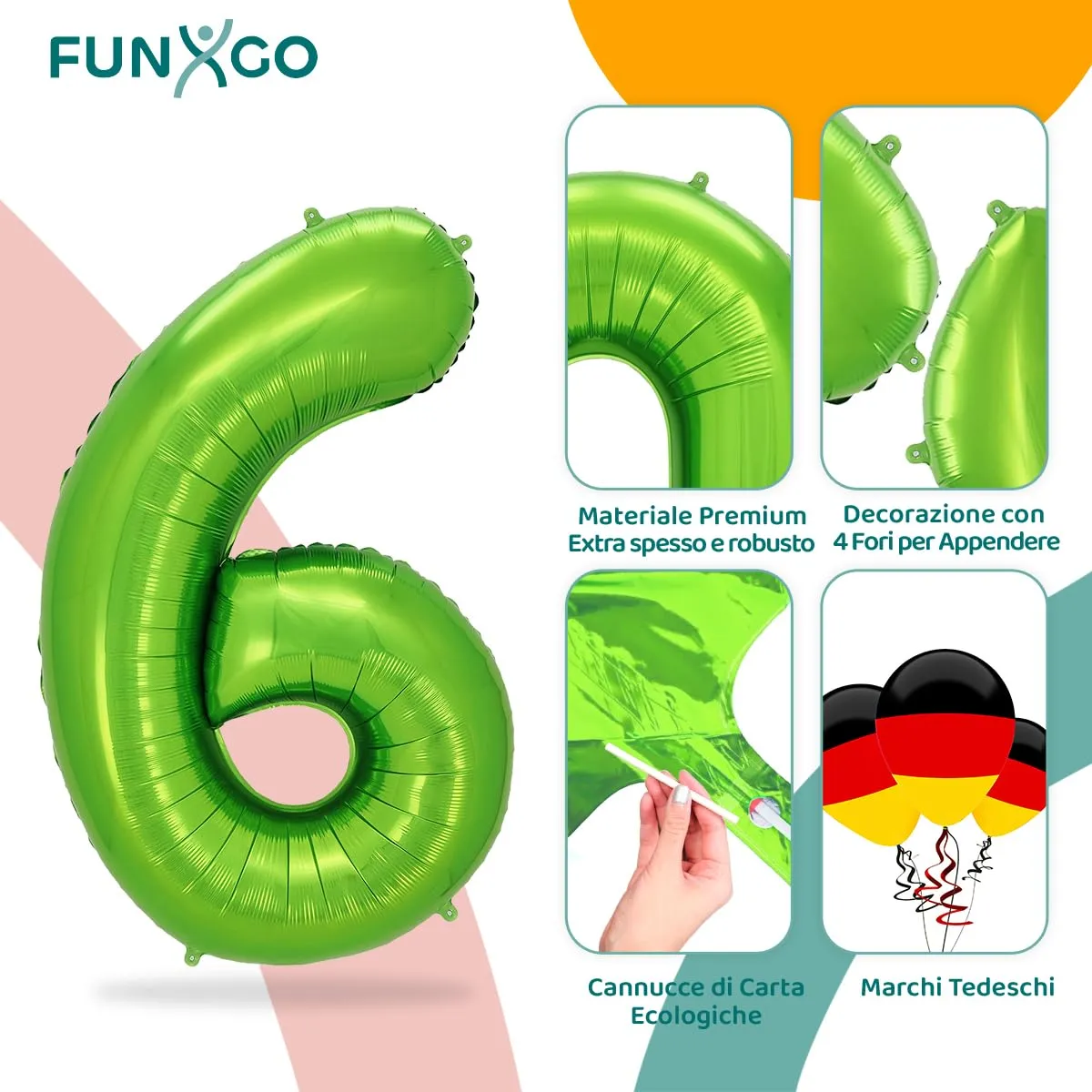 FUNXGO Palloncino Numero 6 Verde, 100 cm - immagine 3