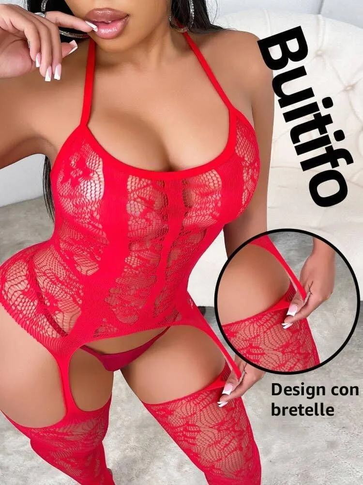 Buitifo Donna Fishnet Bodystocking Pigiama, Rosso GB, Taglia unica - immagine 2