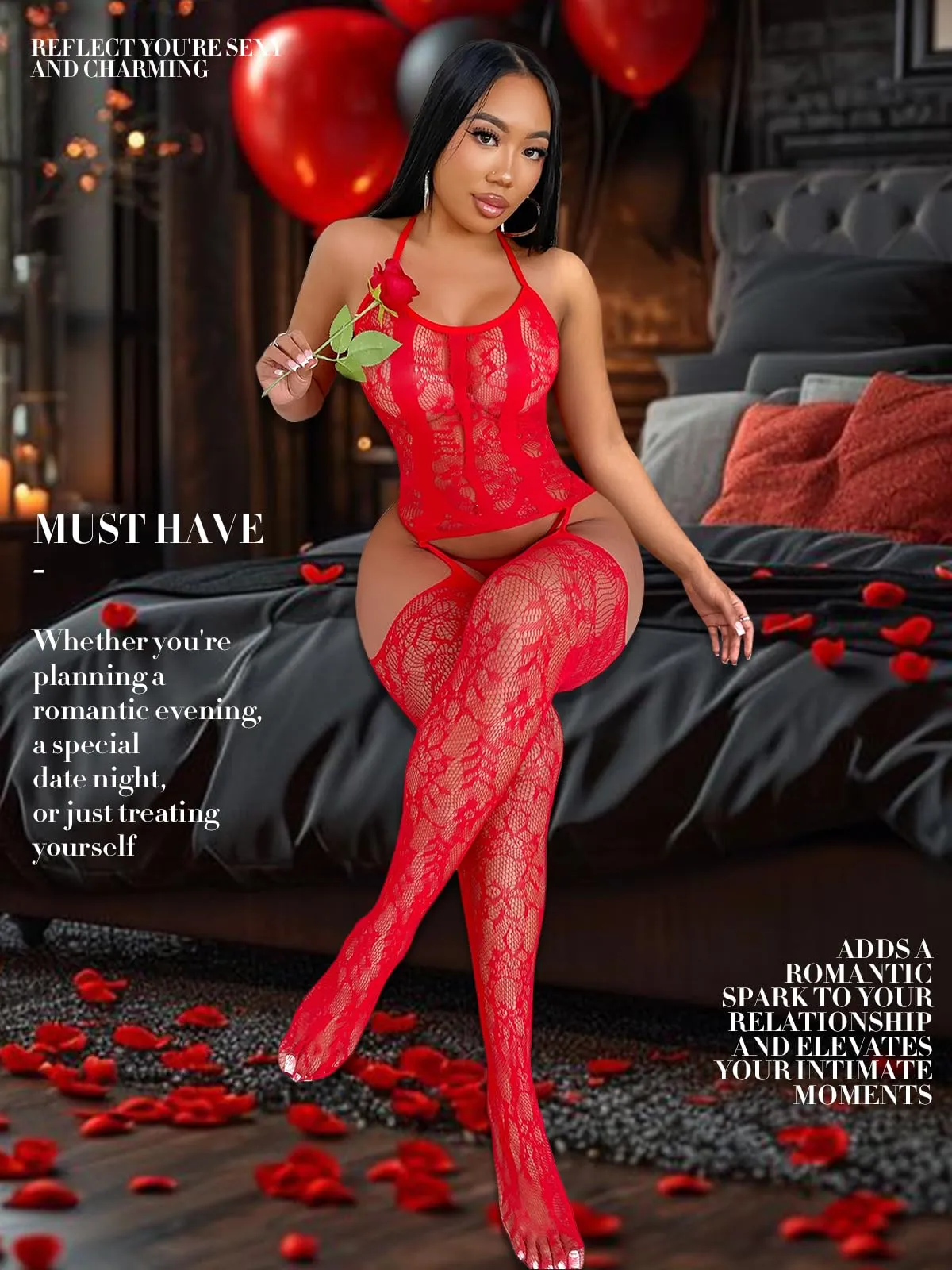 Buitifo Donna Fishnet Bodystocking Pigiama, Rosso GB, Taglia unica - immagine 3