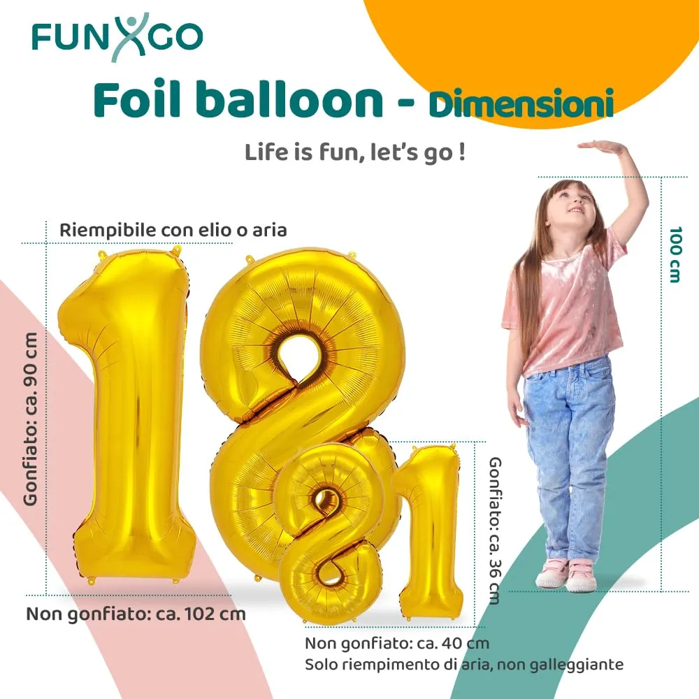 FUNXGO Palloncino Numero 18 Oro - Set di Due Pezzi (Grande e Piccolo) - immagine 2