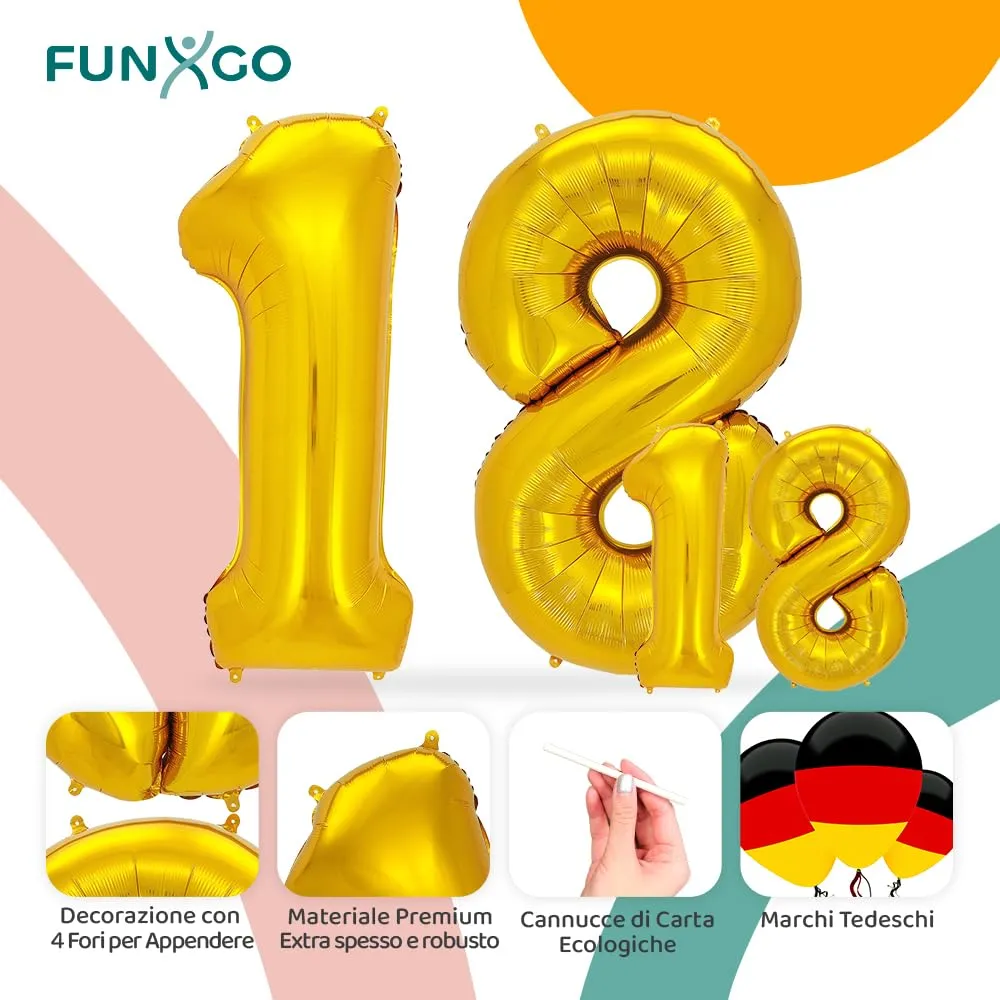 FUNXGO Palloncino Numero 18 Oro - Set di Due Pezzi (Grande e Piccolo) - immagine 3
