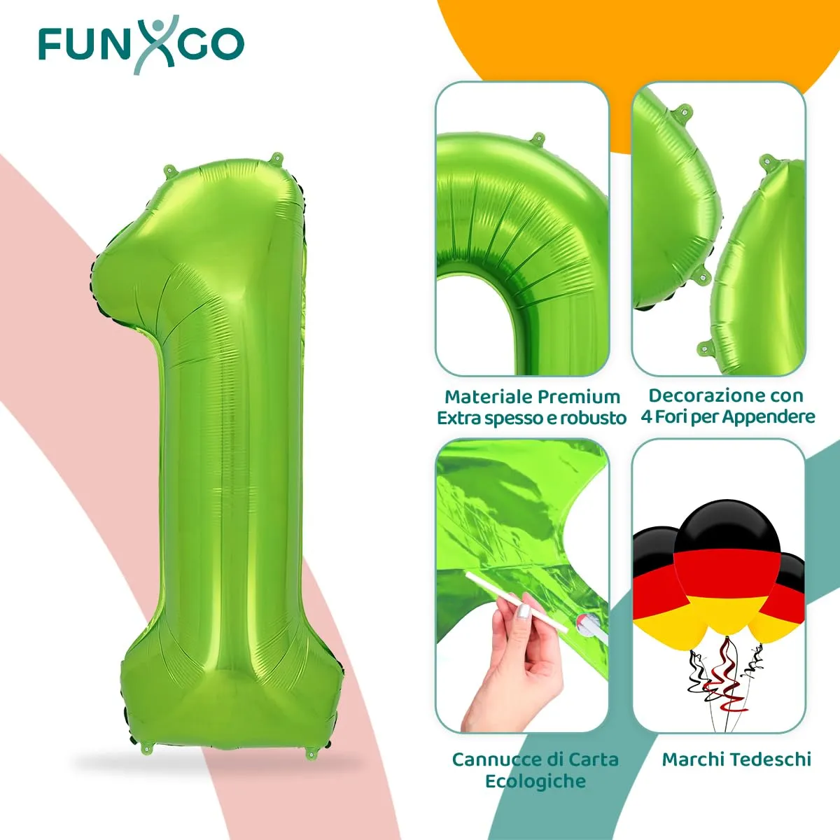 FUNXGO Palloncino Numero 1 Verde, 100 cm - immagine 3