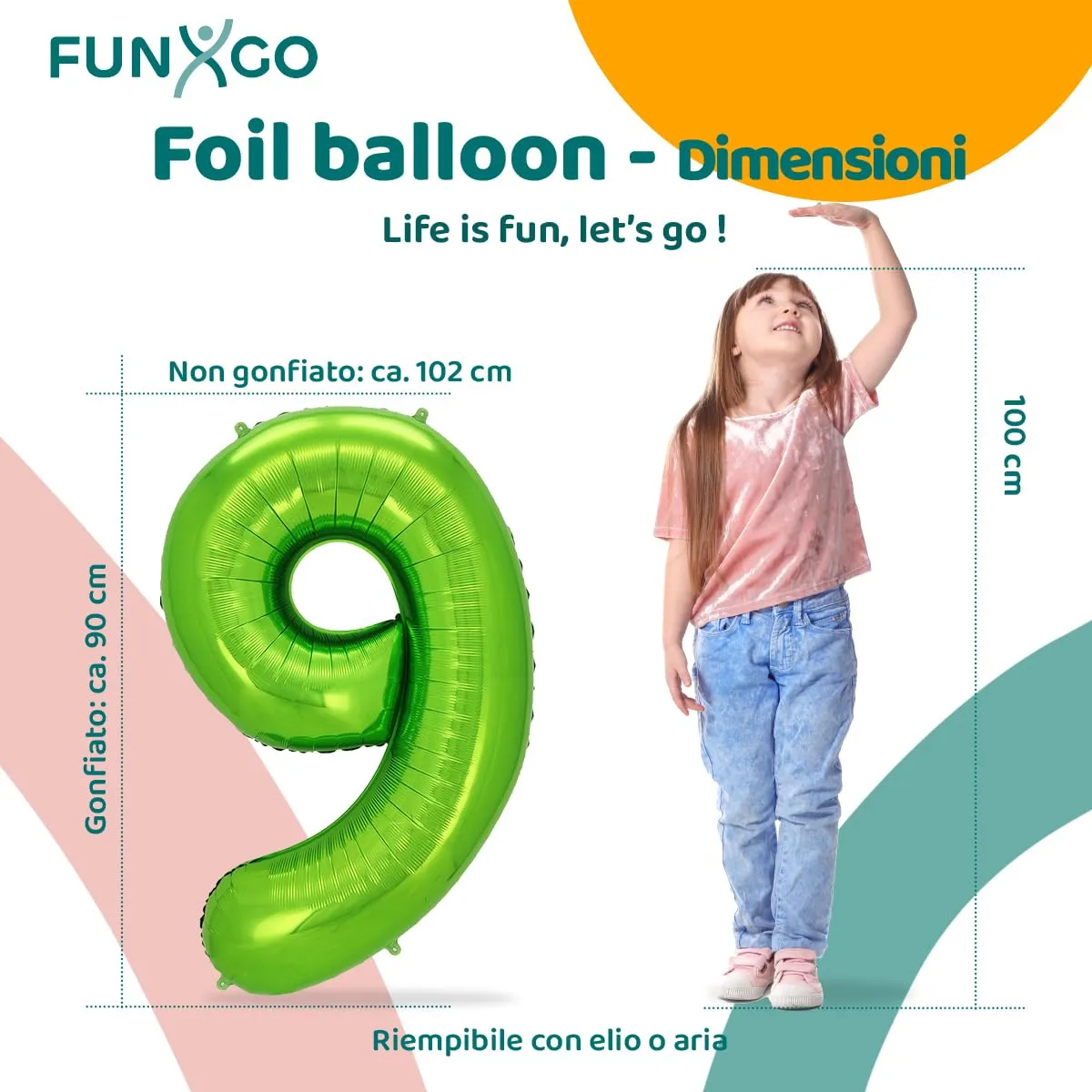 FUNXGO Palloncino Numero 9 Verde, 100 cm - immagine 2