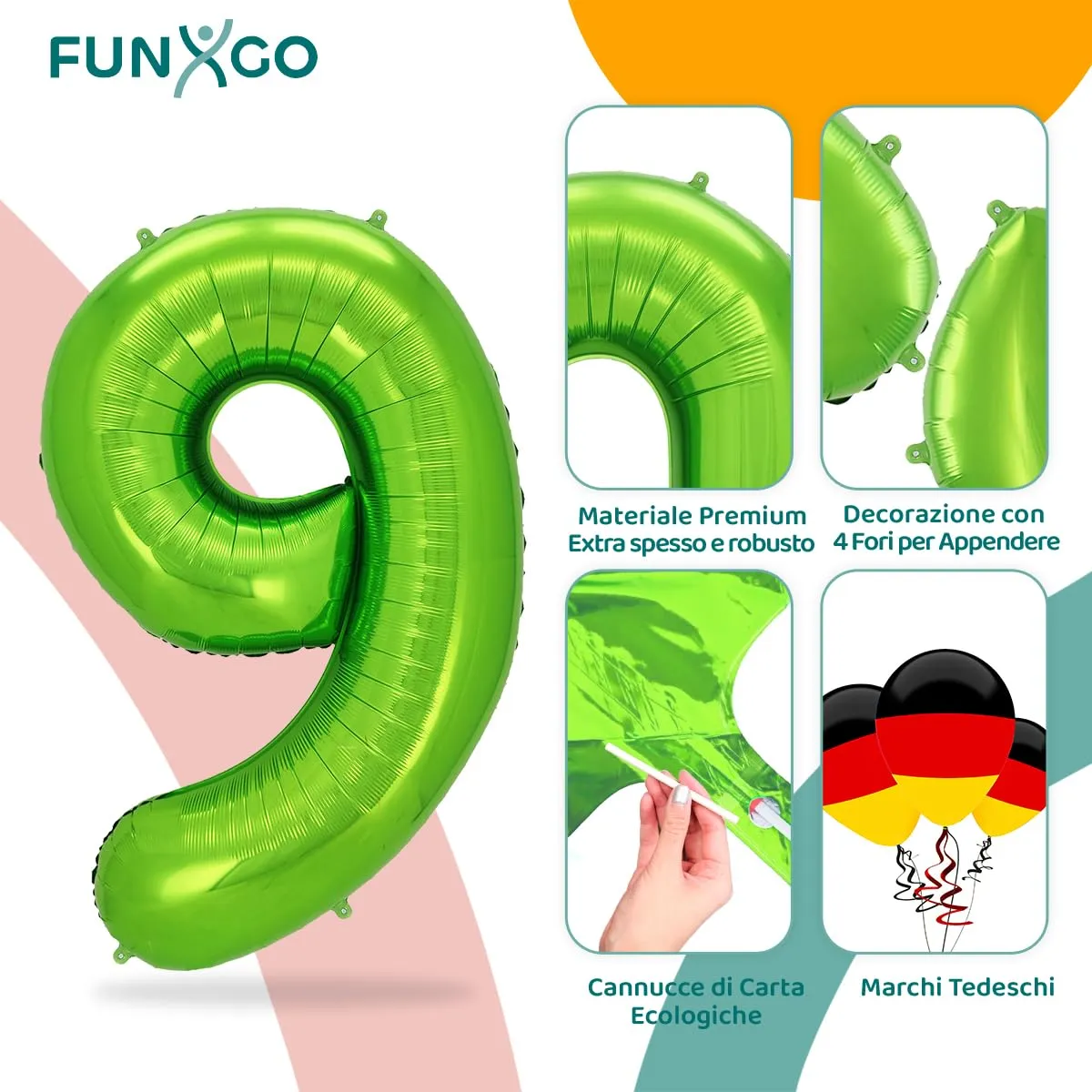 FUNXGO Palloncino Numero 9 Verde, 100 cm - immagine 3