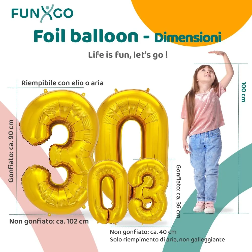 FUNXGO Palloncino in Alluminio Numero 30 Oro, 100 cm - immagine 2