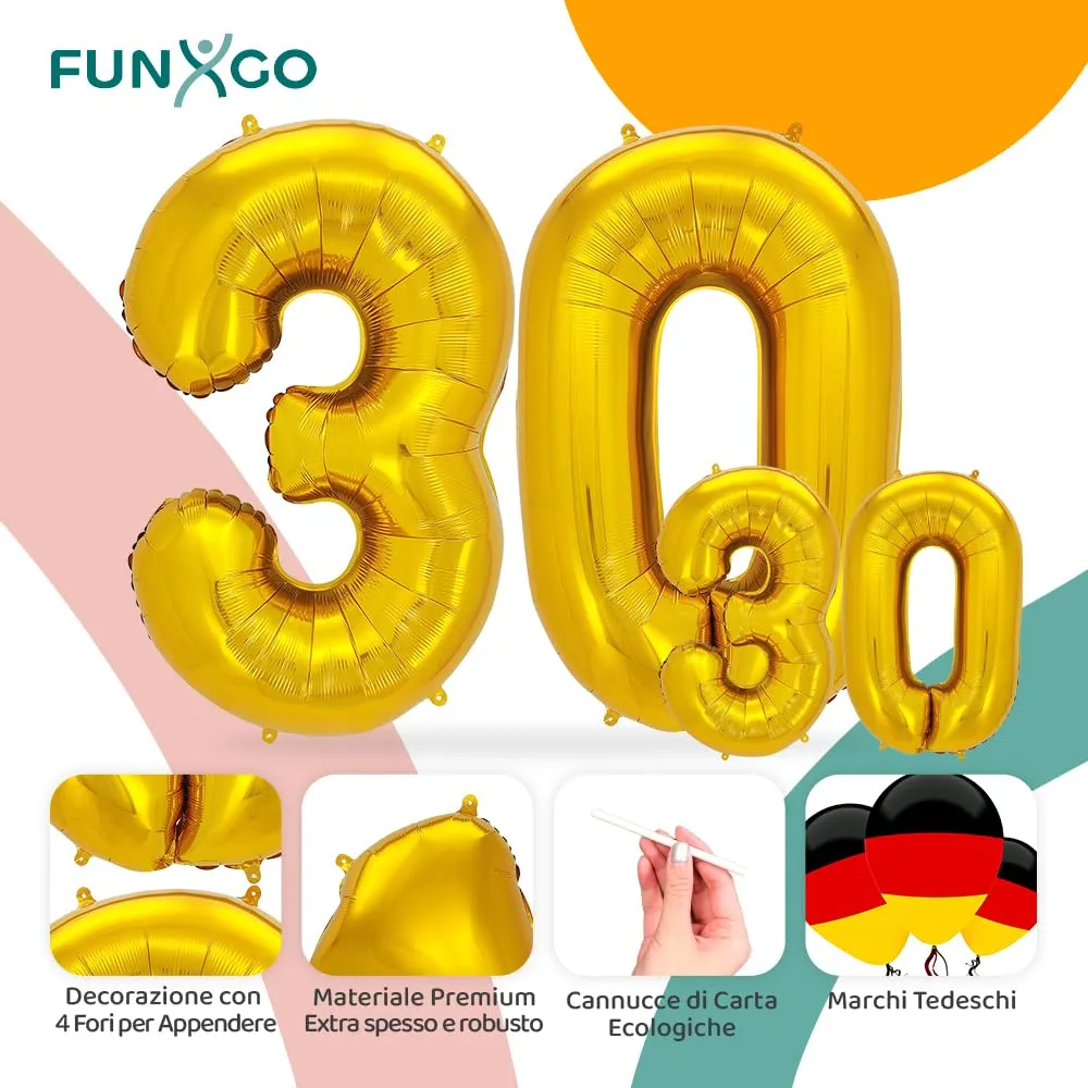 FUNXGO Palloncino in Alluminio Numero 30 Oro, 100 cm - immagine 3