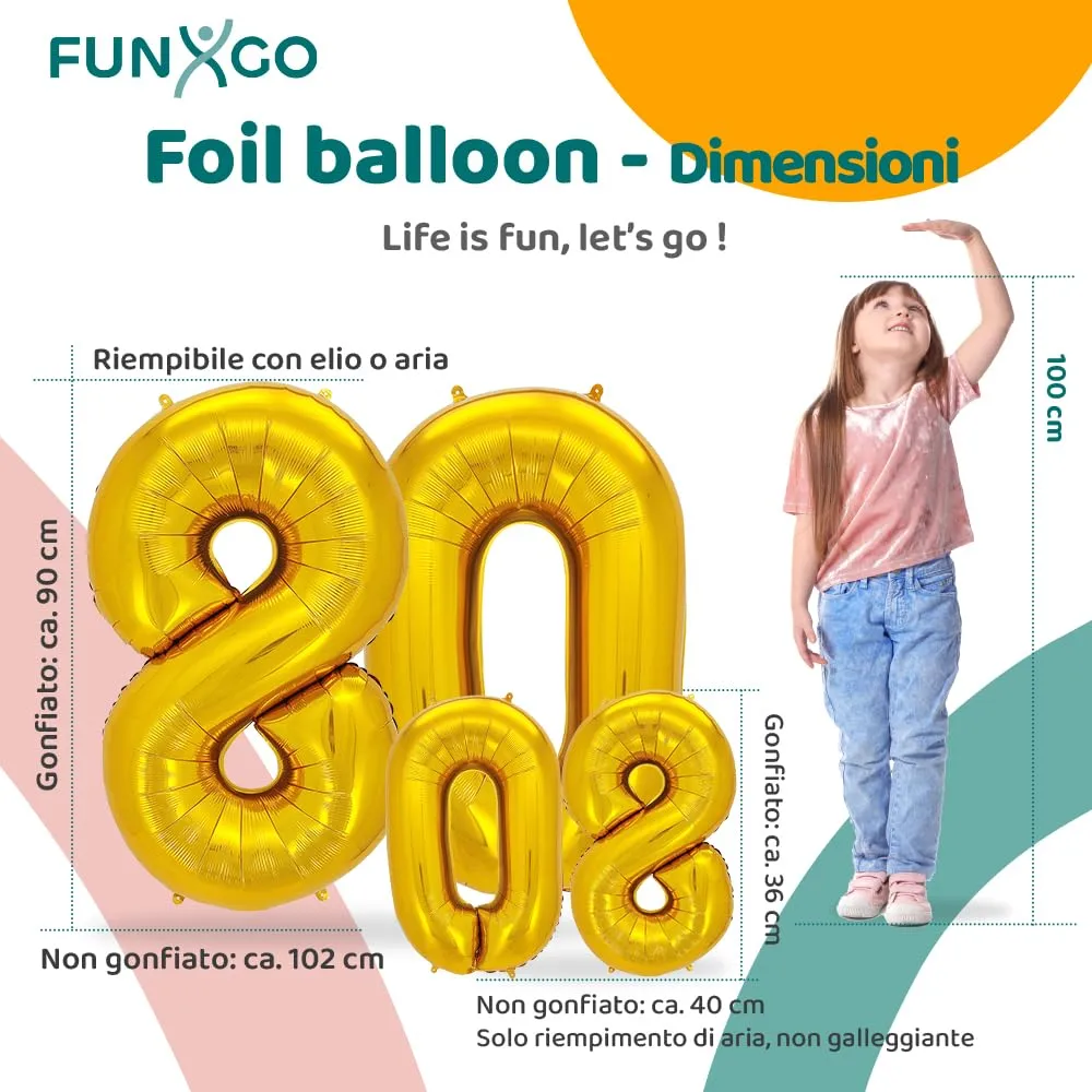 FUNXGO Palloncini Numero 80 Oro, Set di due pezzi (grande e piccolo) - immagine 2