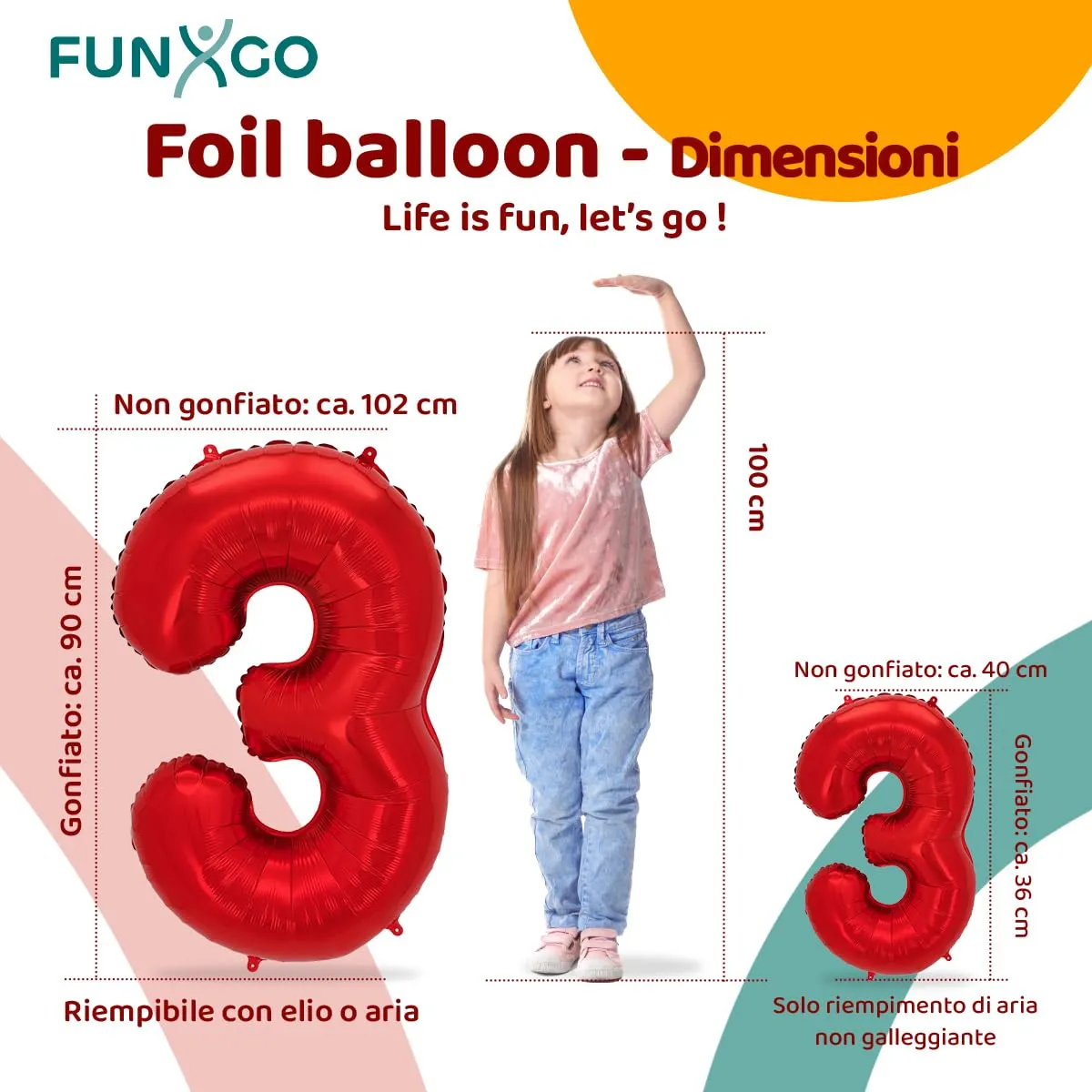 FUNXGO Palloncini in Pellicola Numero 3, Rosso, 2 Pezzi (100 cm e 38 cm) - immagine 2