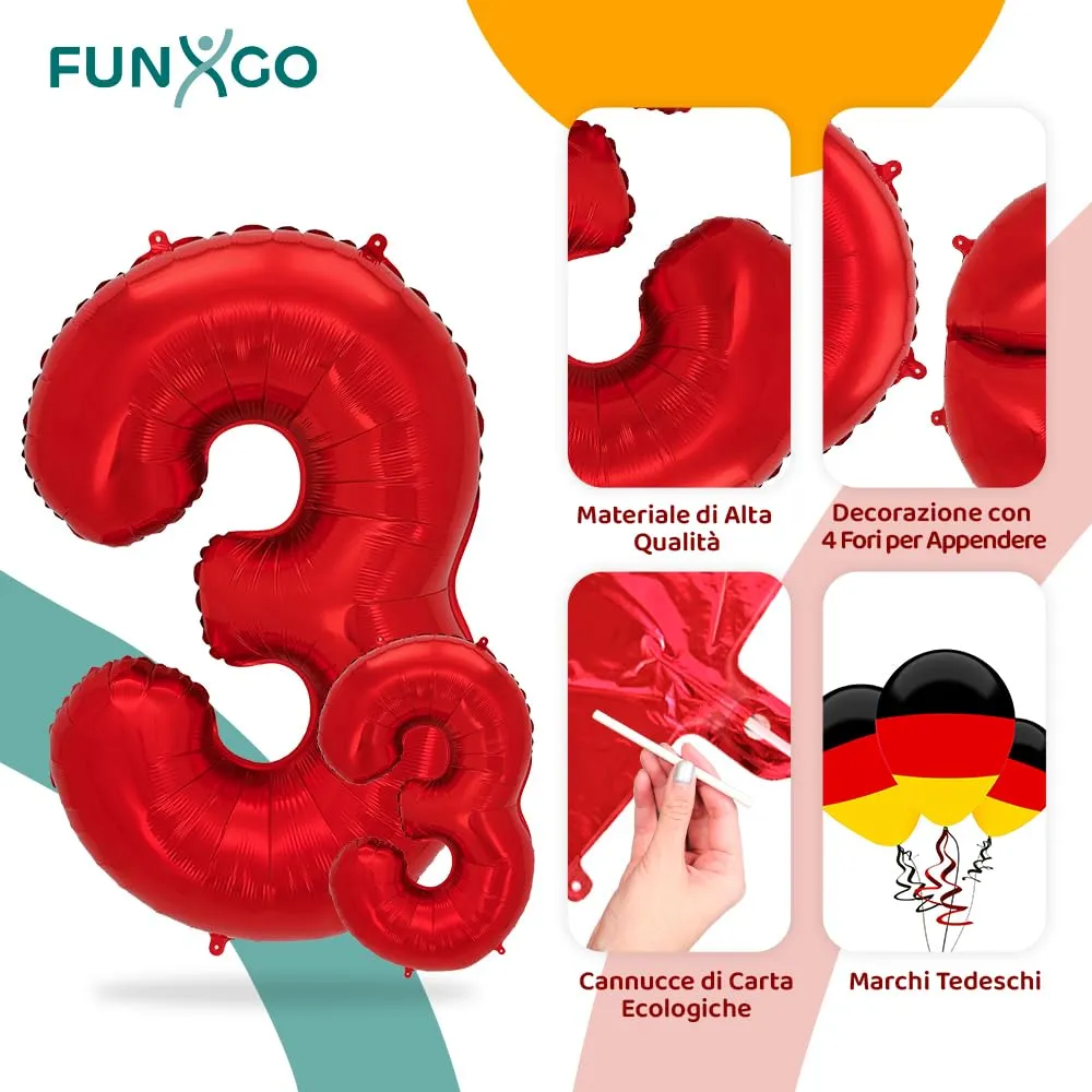 FUNXGO Palloncini in Pellicola Numero 3, Rosso, 2 Pezzi (100 cm e 38 cm) - immagine 3