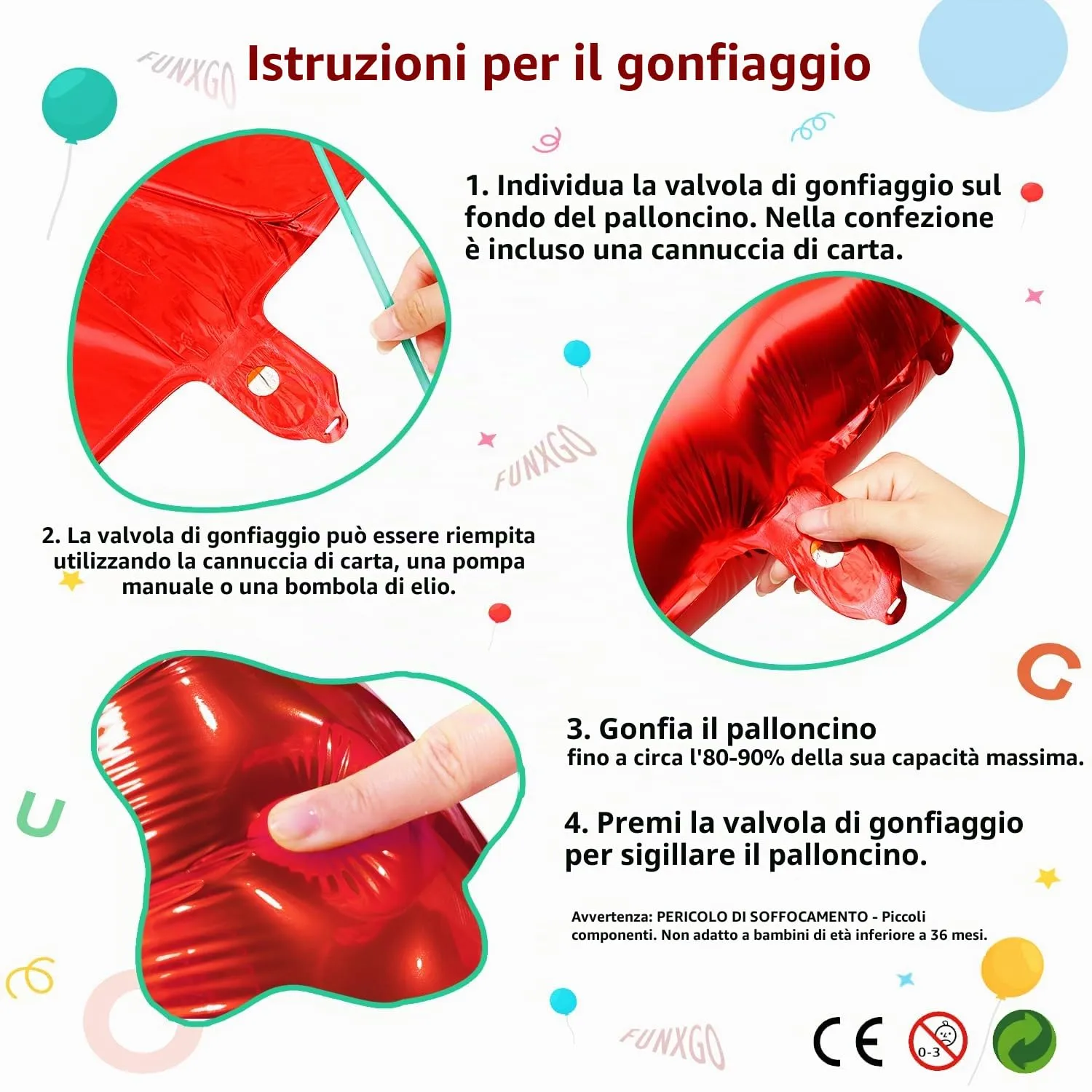 FUNXGO Palloncini in Pellicola Numero 3, Rosso, 2 Pezzi (100 cm e 38 cm) - immagine 6