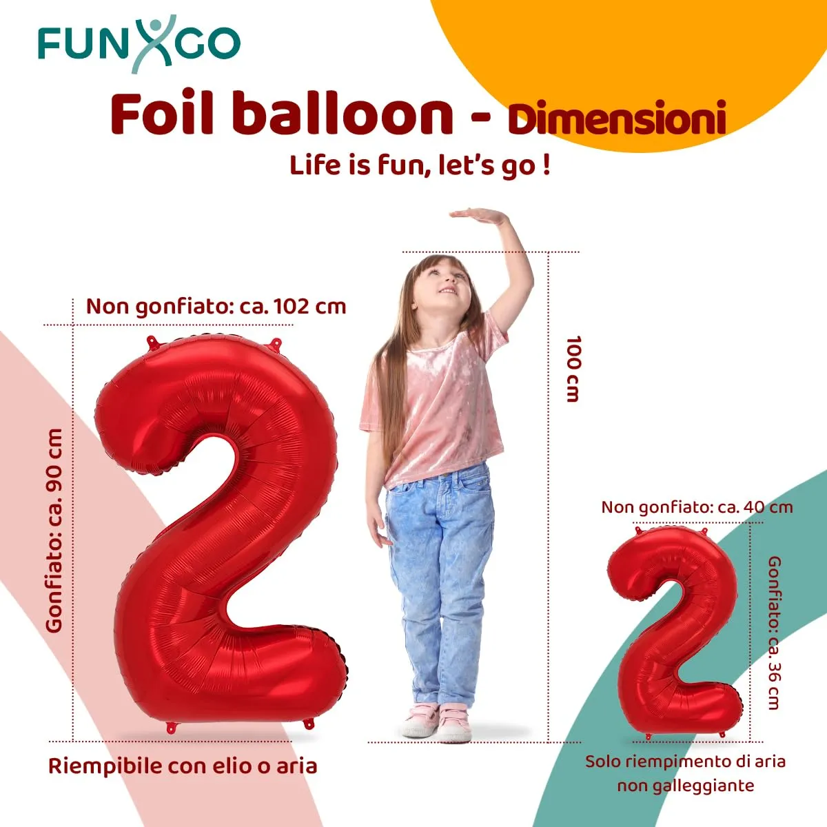 FUNXGO Palloncini Numero 2 Rossi, 2 Pezzi (42" & 17" / 100 cm & 38 cm) - immagine 2