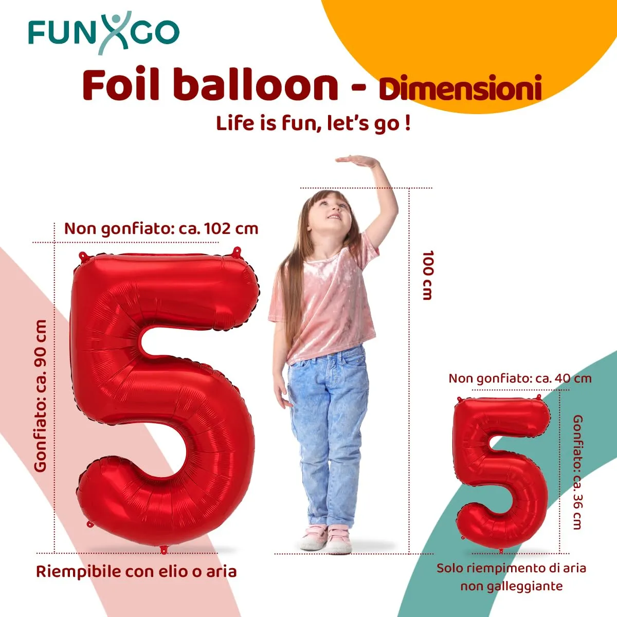 FUNXGO Palloncini in pellicola numero 5, Rosso, 2 pezzi (100 cm e 38 cm) - immagine 2