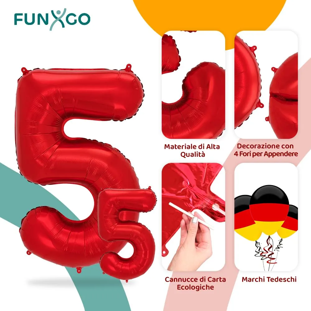FUNXGO Palloncini in pellicola numero 5, Rosso, 2 pezzi (100 cm e 38 cm) - immagine 3
