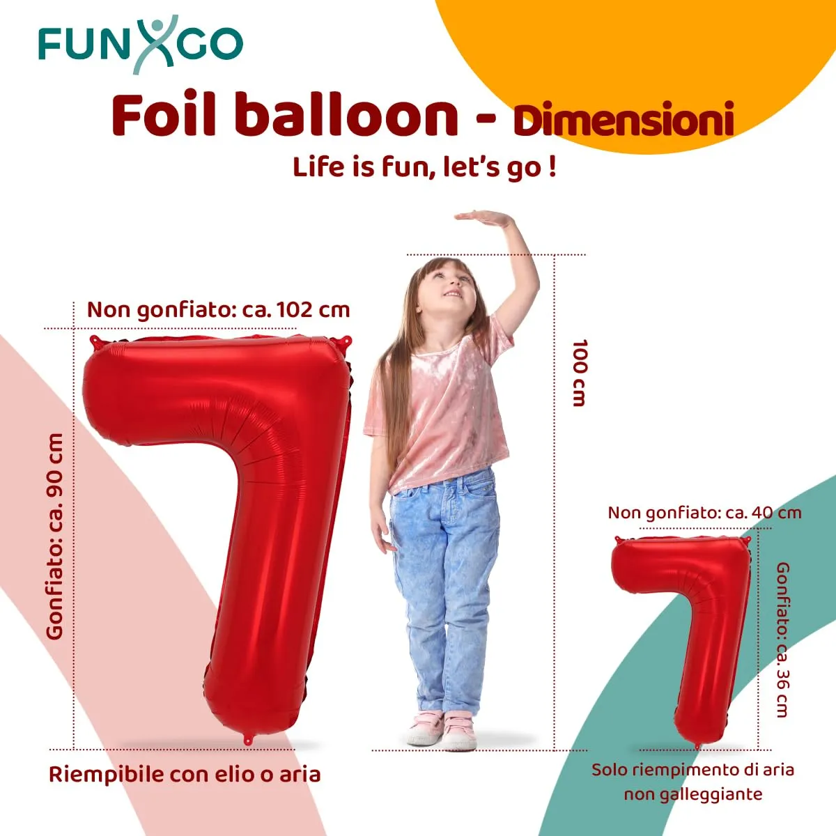 FUNXGO Palloncini in Pellicola Numero 7, Rosso, 2 Pezzi (100 cm e 38 cm) - immagine 2