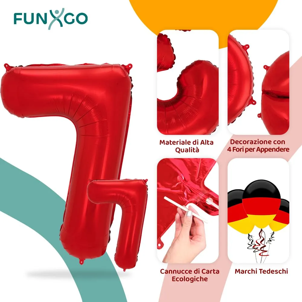 FUNXGO Palloncini in Pellicola Numero 7, Rosso, 2 Pezzi (100 cm e 38 cm) - immagine 3