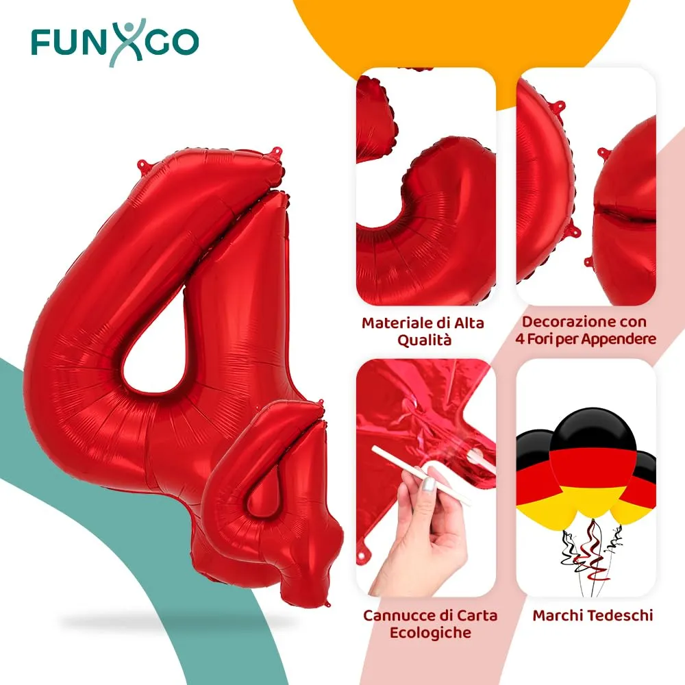 FUNXGO Palloncino Numero 4 Rosso, 2 Pezzi (42" e 17") - immagine 3