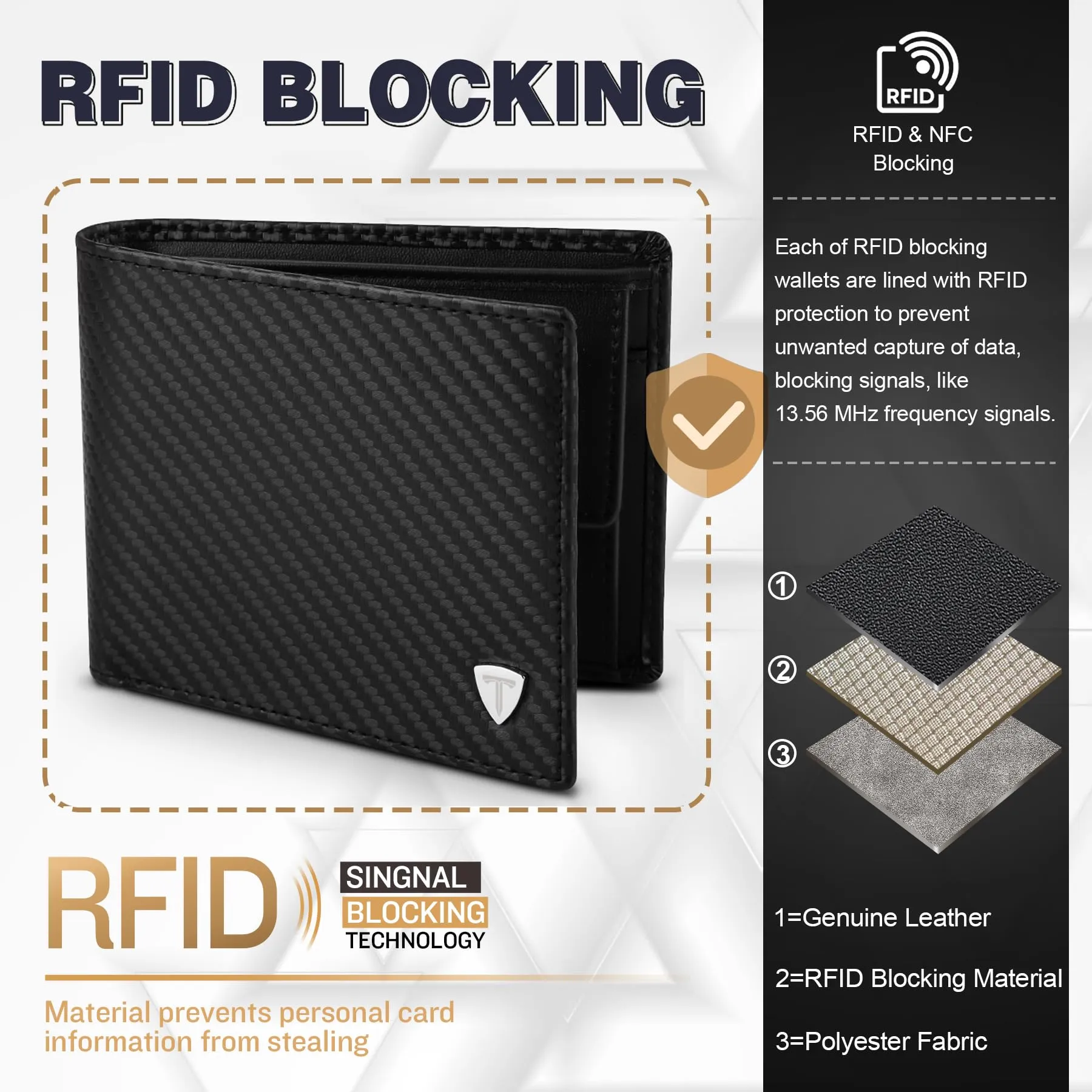 TEEHON Portafoglio Uomo Slim in Pelle Carbonio con Blocco RFID e Portamonete - immagine 2