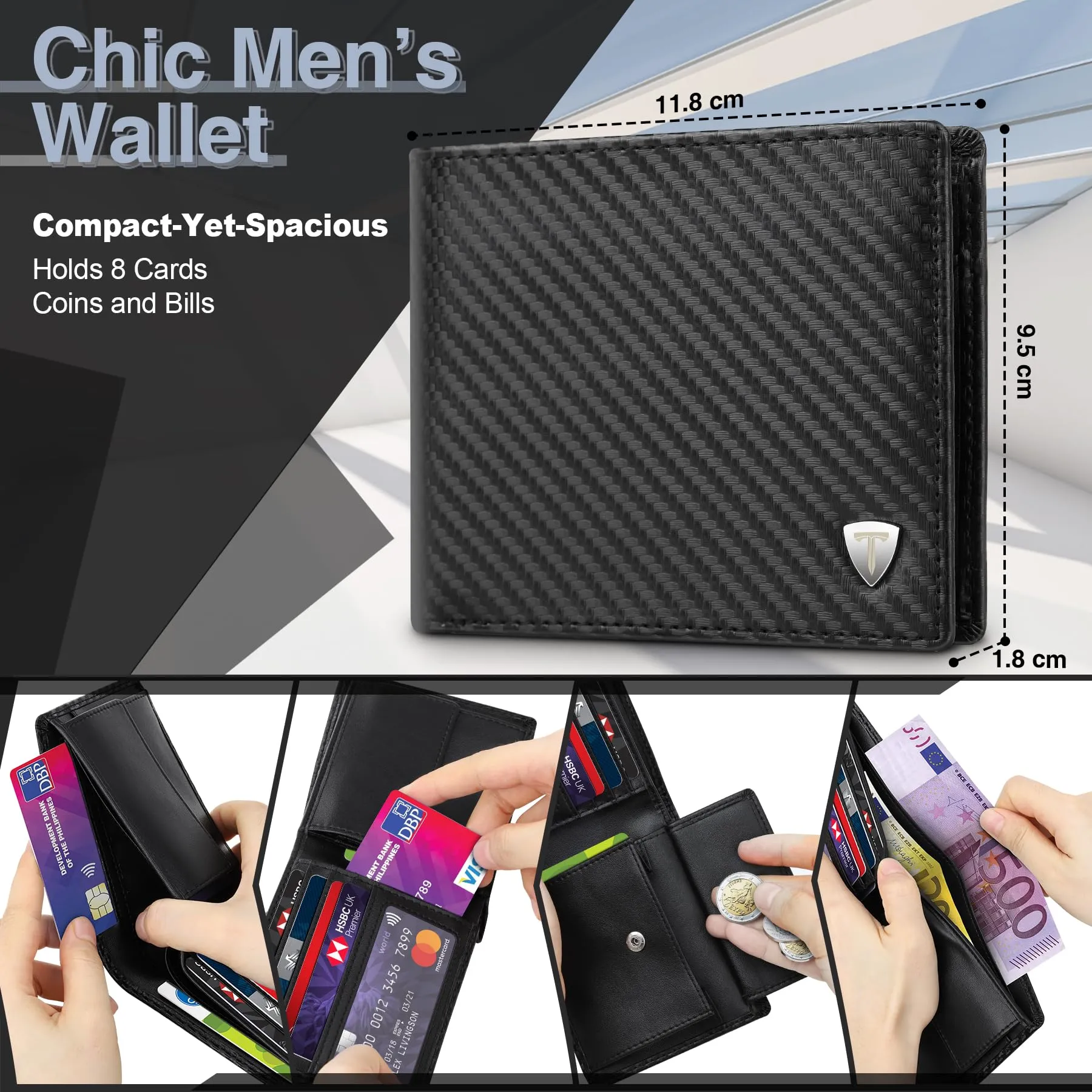 TEEHON Portafoglio Uomo Slim in Pelle Carbonio con Blocco RFID e Portamonete - immagine 4