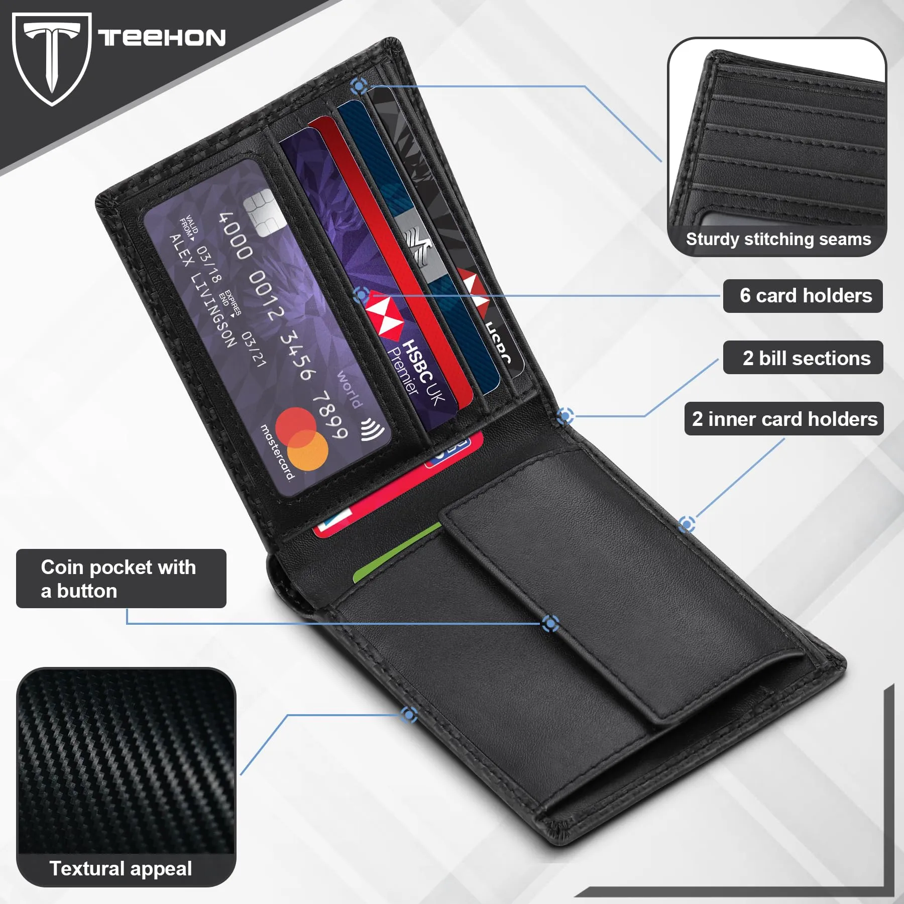TEEHON Portafoglio Uomo Slim in Pelle Carbonio con Blocco RFID e Portamonete - immagine 6