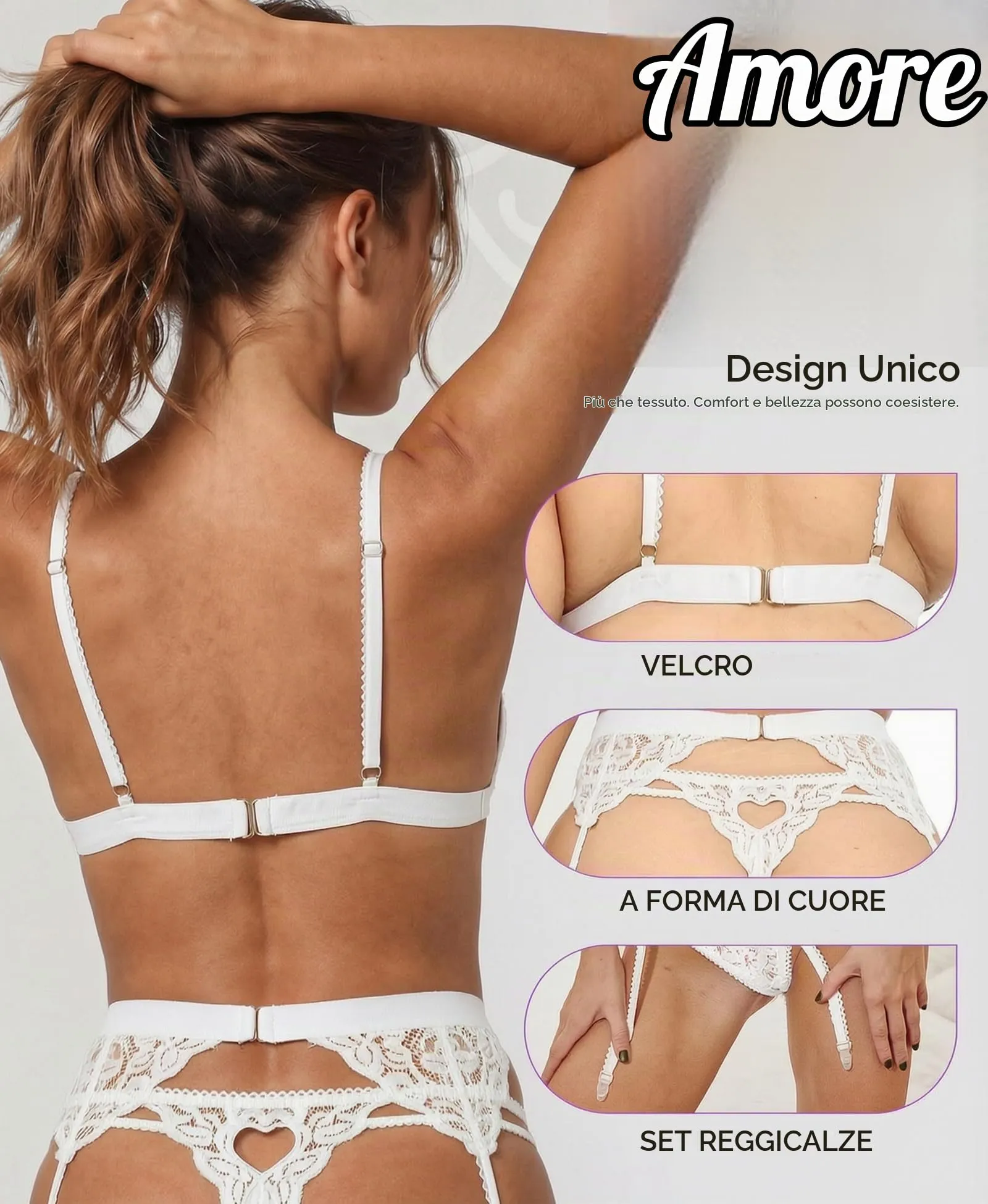 RSLOVE Set di Biancheria Intima in Pizzo da Donna con Reggicalze, Cinturino e Body, Bianco, XL - immagine 4