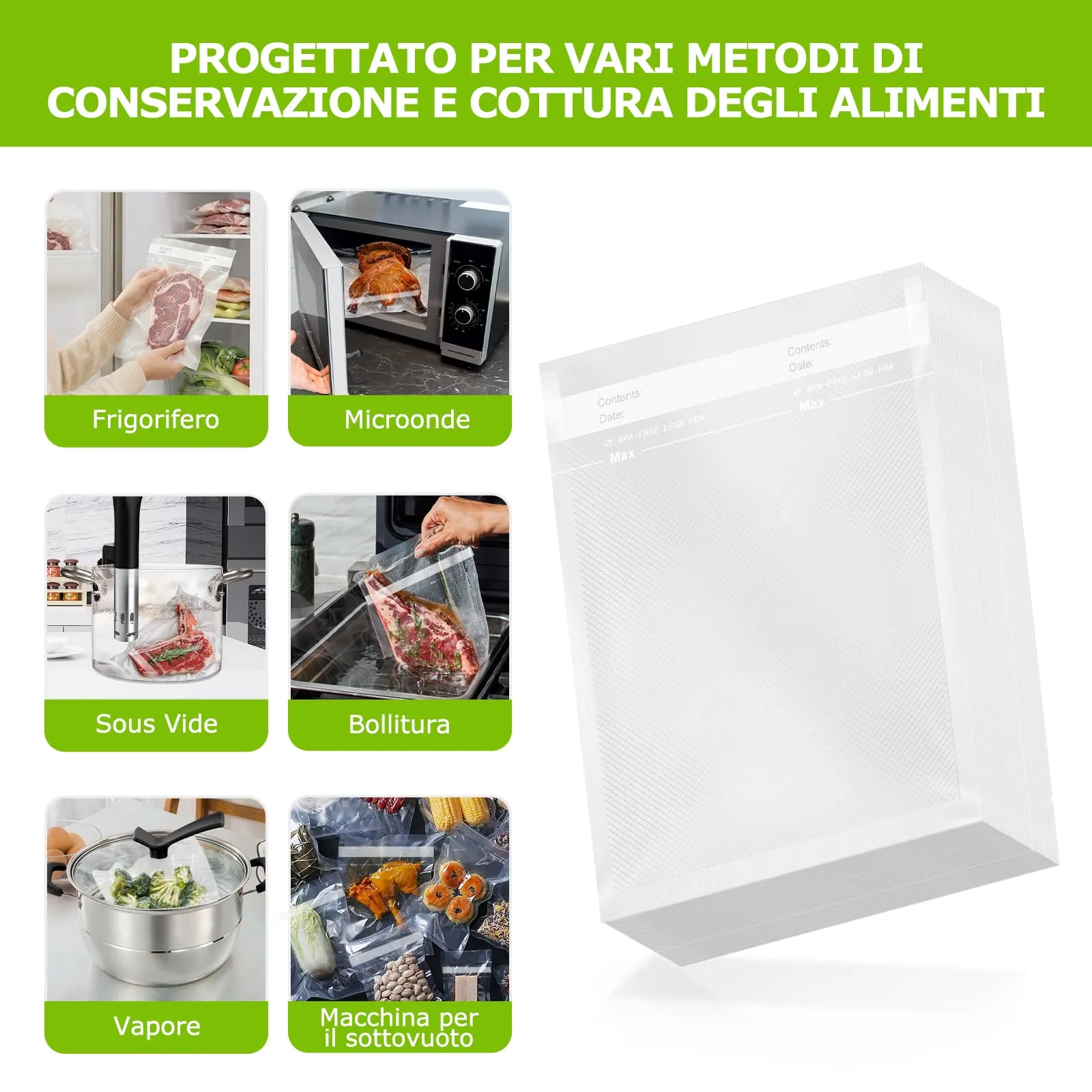 Bonsenkitchen Sacchetti Sottovuoto per Alimenti, 100 Buste 15x25cm - immagine 2