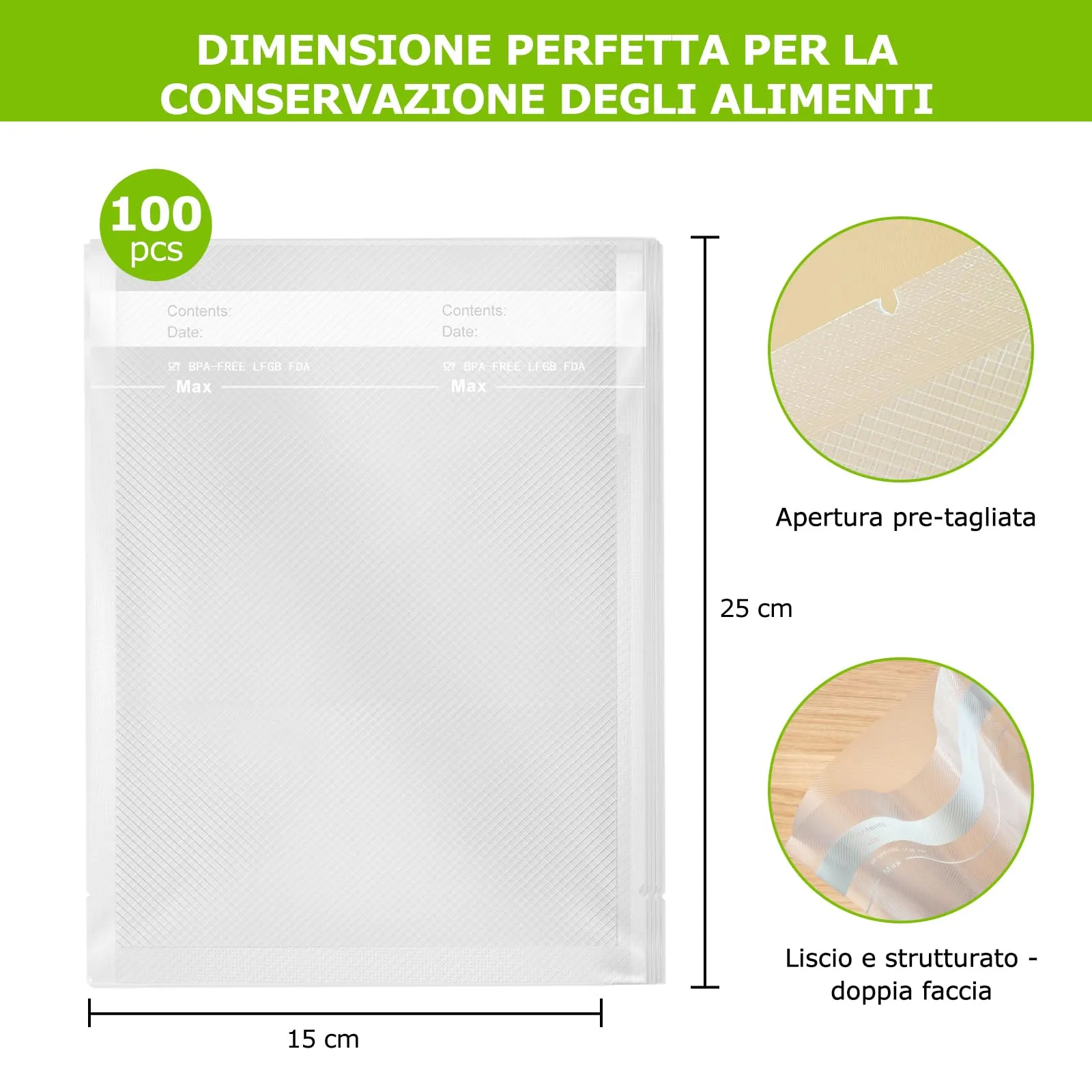 Bonsenkitchen Sacchetti Sottovuoto per Alimenti, 100 Buste 15x25cm - immagine 5