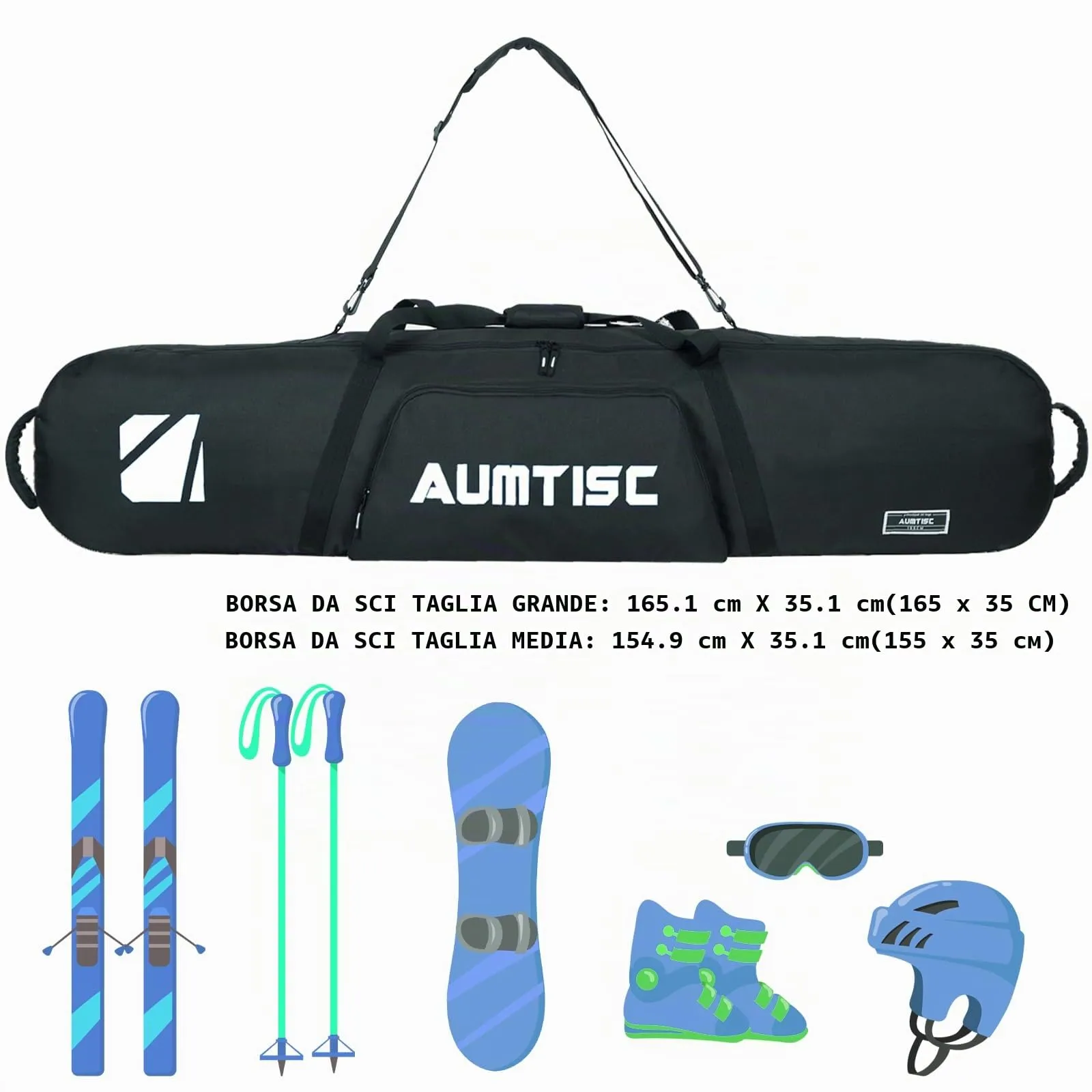 AUMTISC Borsa da Sci e Snowboard Imbottita, 155 cm, Bianco - immagine 2