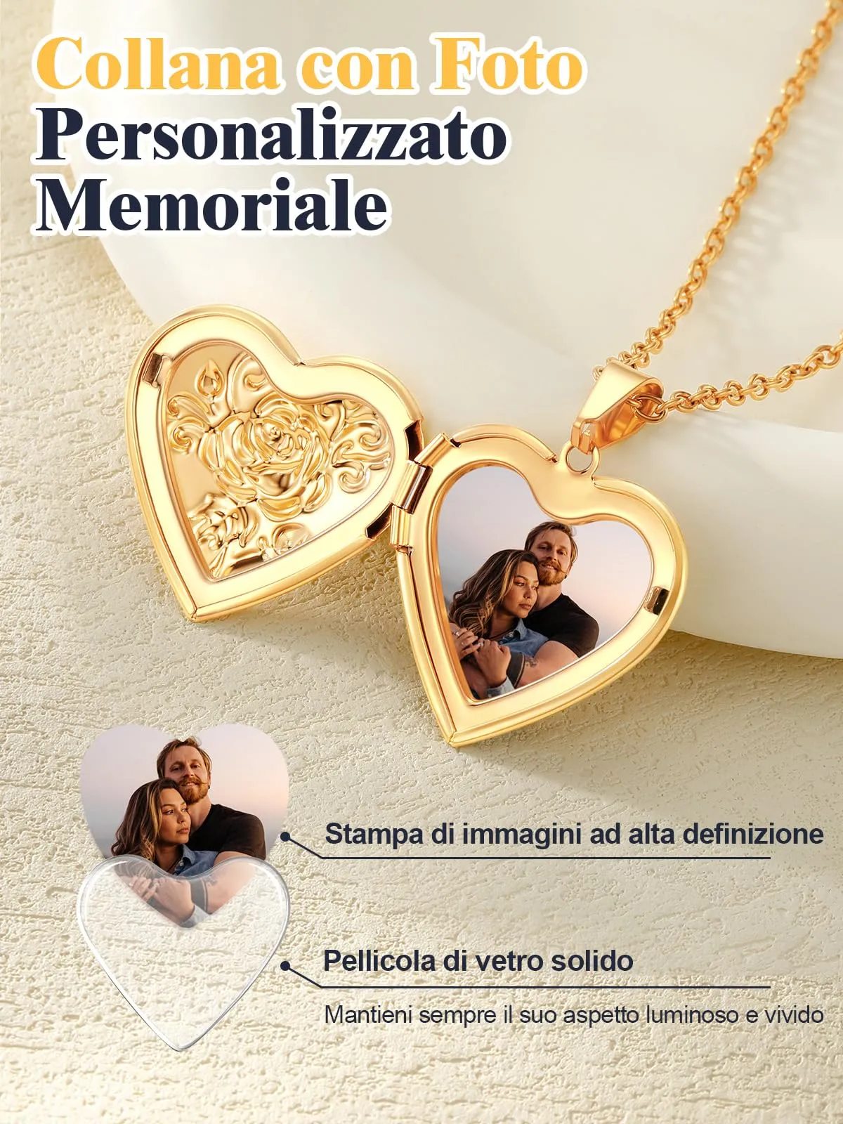 U7 Collana con Foto Personalizzata Cuore in Acciaio Inossidabile Oro, 50 cm - immagine 4