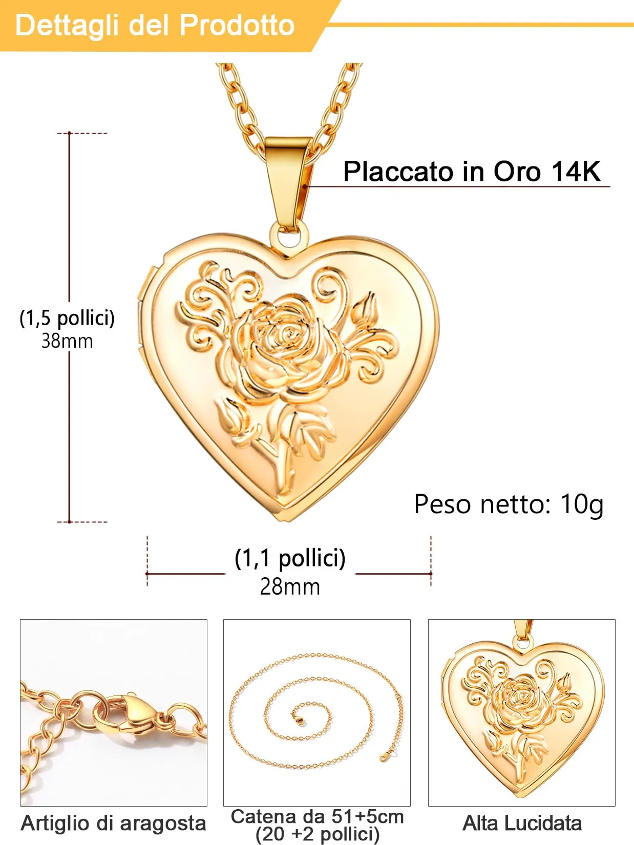 U7 Collana con Foto Personalizzata Cuore in Acciaio Inossidabile Oro, 50 cm - immagine 6