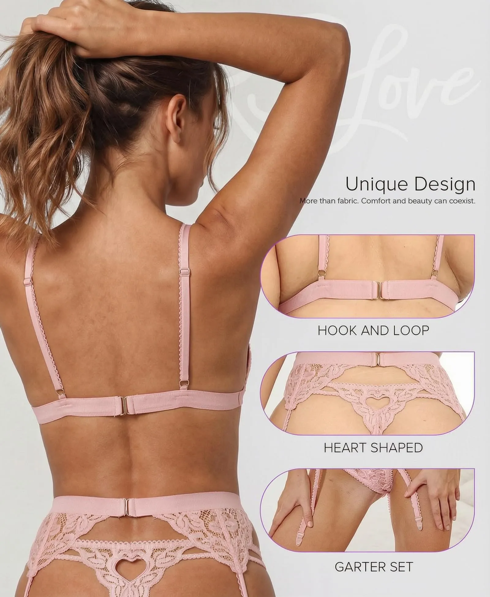 RSLOVE Set di Biancheria Intima in Pizzo da Donna con Reggicalze, Reggiseno e Slip, Rosa Intenso, XL - immagine 4