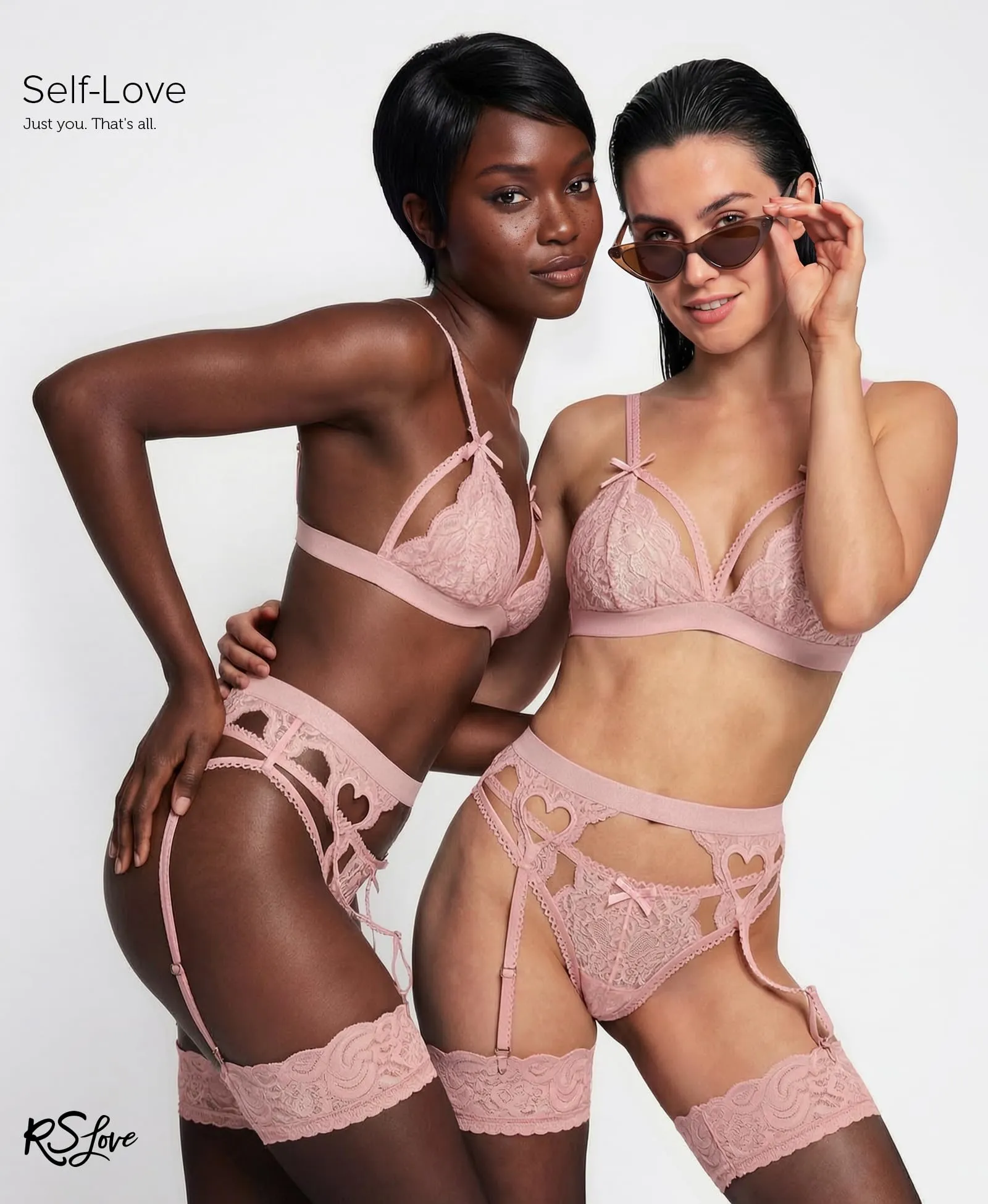 RSLOVE Set di Biancheria Intima in Pizzo da Donna con Reggicalze, Reggiseno e Slip, Rosa Intenso, XL - immagine 5