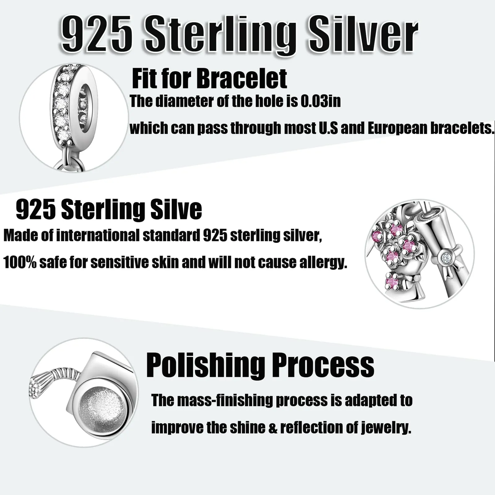 Symretie Bead Charm Ciondolo Argento Sterling 925 con Cubic Zirconia per Pandora Braccialetti e Collane Europee - immagine 2
