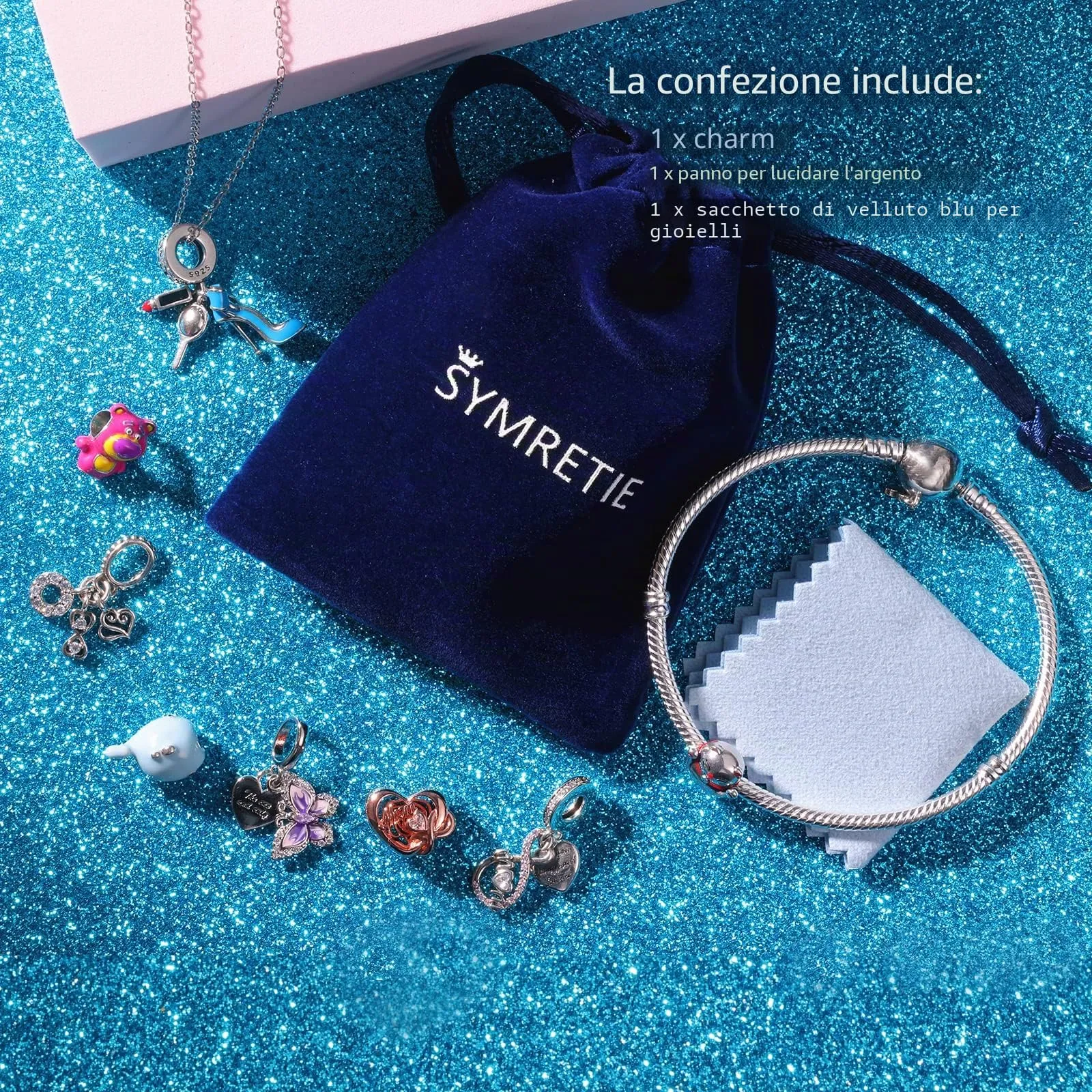 Symretie Bead Charm Ciondolo Argento Sterling 925 con Cubic Zirconia per Braccialetti Pandora e Collane Europee - immagine 7