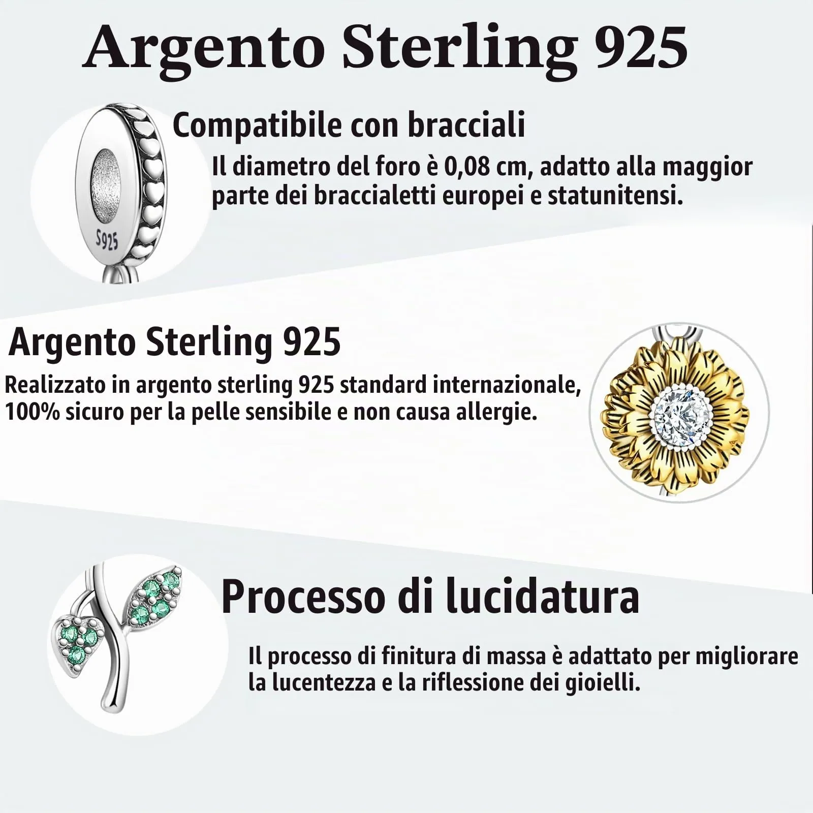 Symretie Bead Charm in Argento Sterling 925 con Cubic Zirconia, Compatibile con Braccialetti e Collane Europei - immagine 2