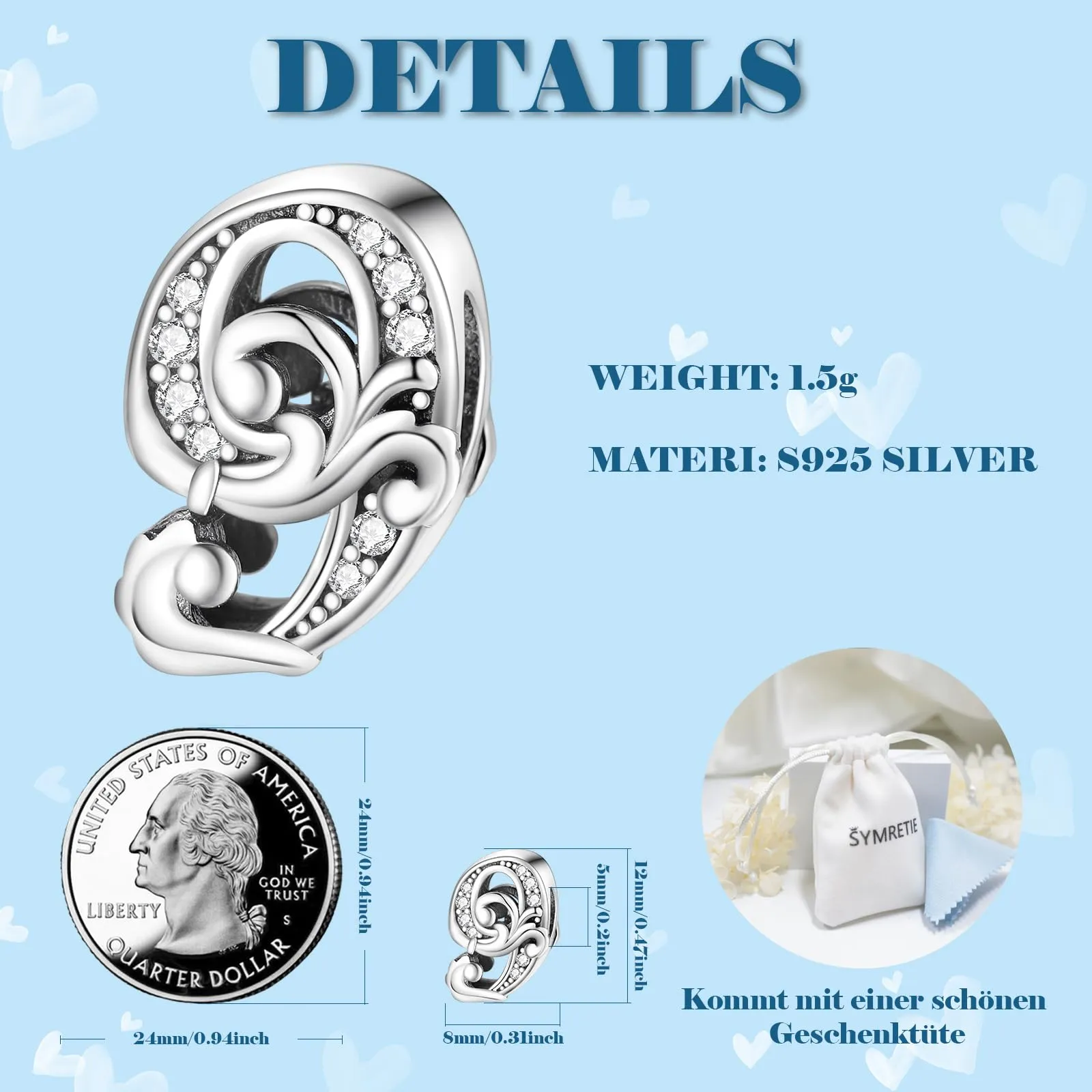 Symretie Bead Charm Ciondolo in Argento Sterling 925 con Cubic Zirconia per Braccialetti e Collane Europee - immagine 3