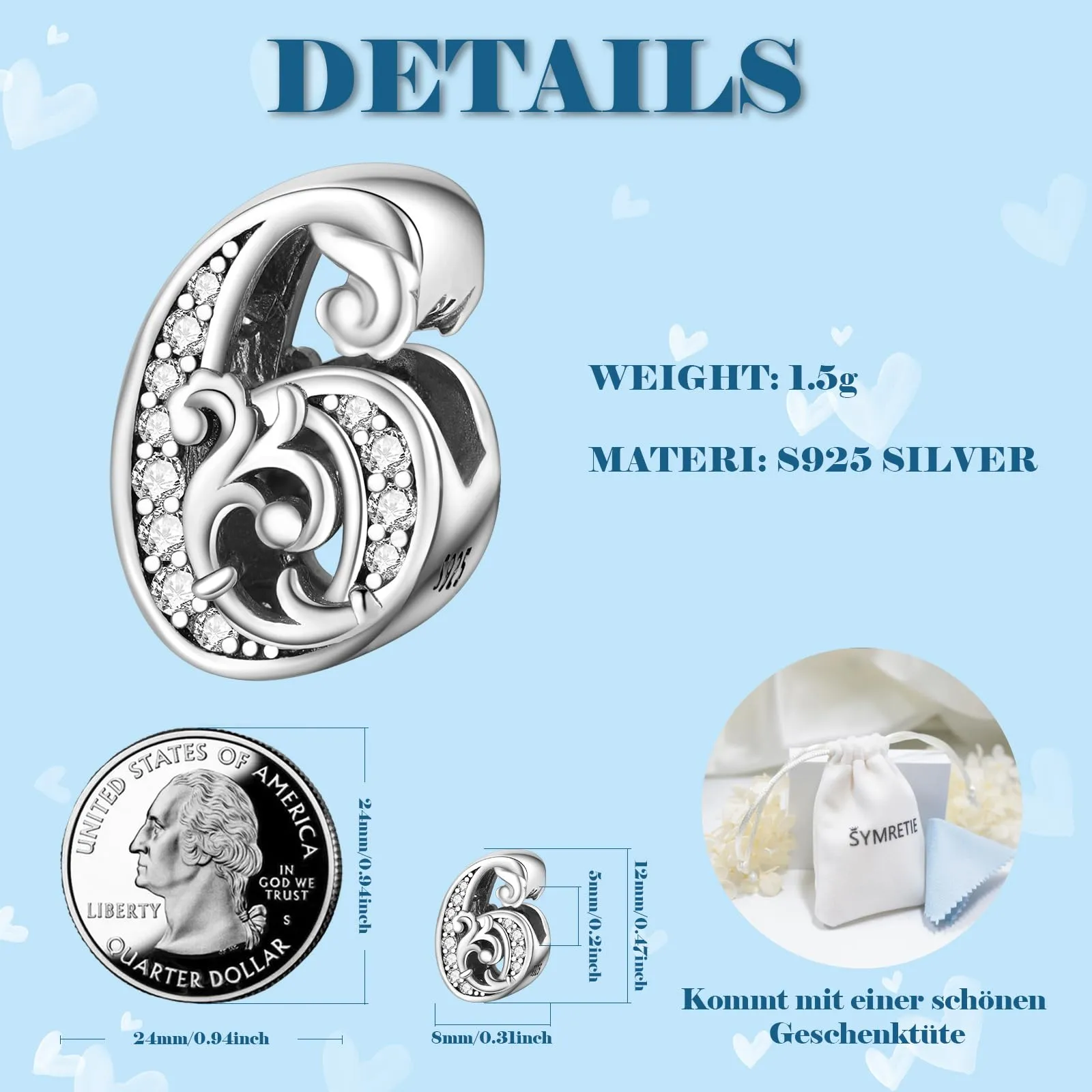 Symretie Bead Charm in Argento Sterling 925 con Cubic Zirconia per Braccialetti e Collane Europei - immagine 2