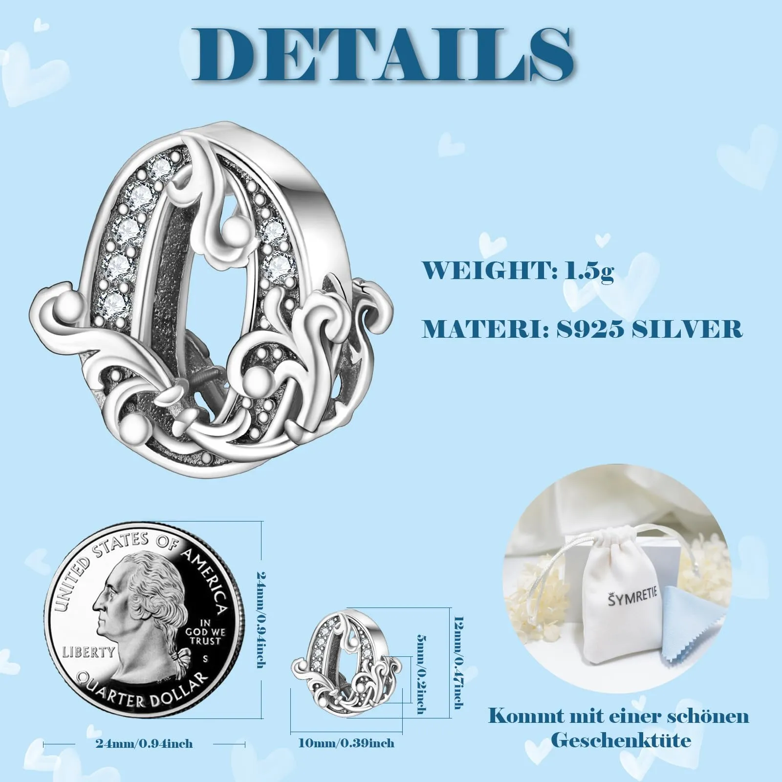 Symretie Bead Charm Ciondolo Argento Sterling 925 con Cubic Zirconia per Pandora e Braccialetti Europei - immagine 2