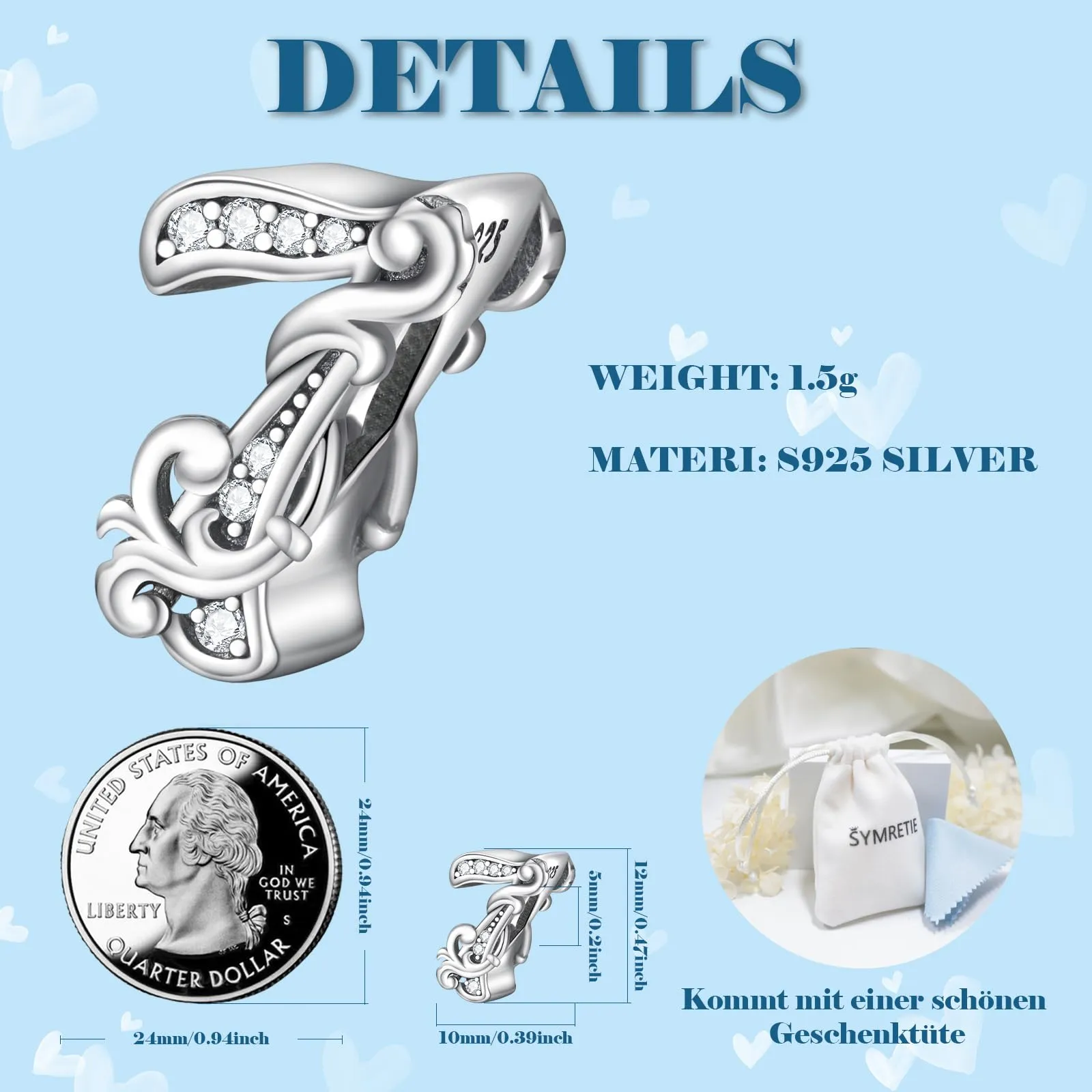 Symretie Bead Charm in Argento Sterling 925 con Cubic Zirconia, Compatibile con Braccialetti e Collane Pandora e Europei - immagine 2