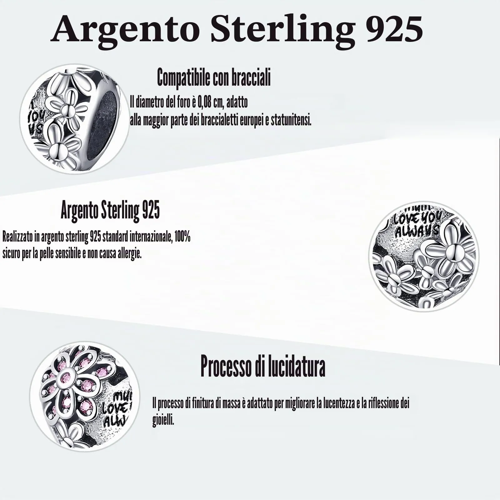 Symretie Bead Charm in Argento Sterling 925 con Cubic Zirconia, Compatibile con Braccialetti Pandora e Collane Europee - immagine 4
