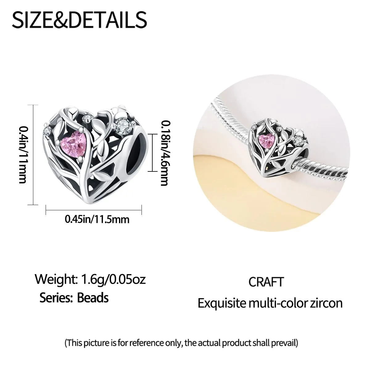 Symretie Bead Charm Ciondolo Argento Sterling 925 con Cubic Zirconia per Braccialetti e Collane Europei - immagine 6