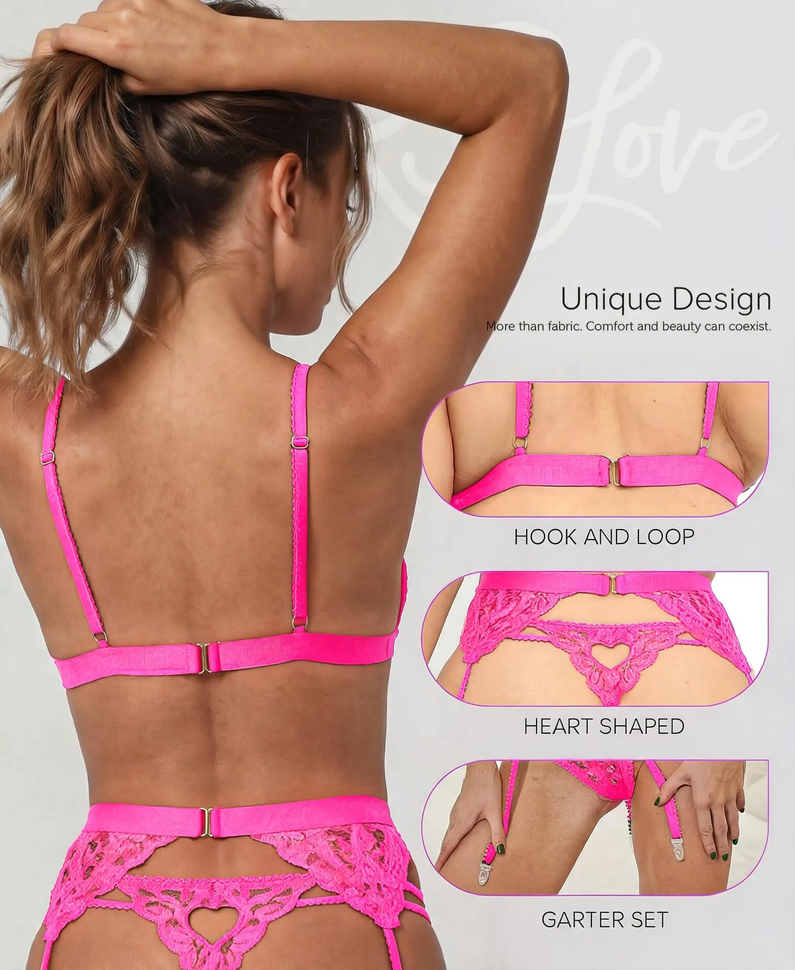 RSLOVE Set di Lingerie in Pizzo con Reggicalze, Reggiseno e Slip, Rosa S - immagine 4