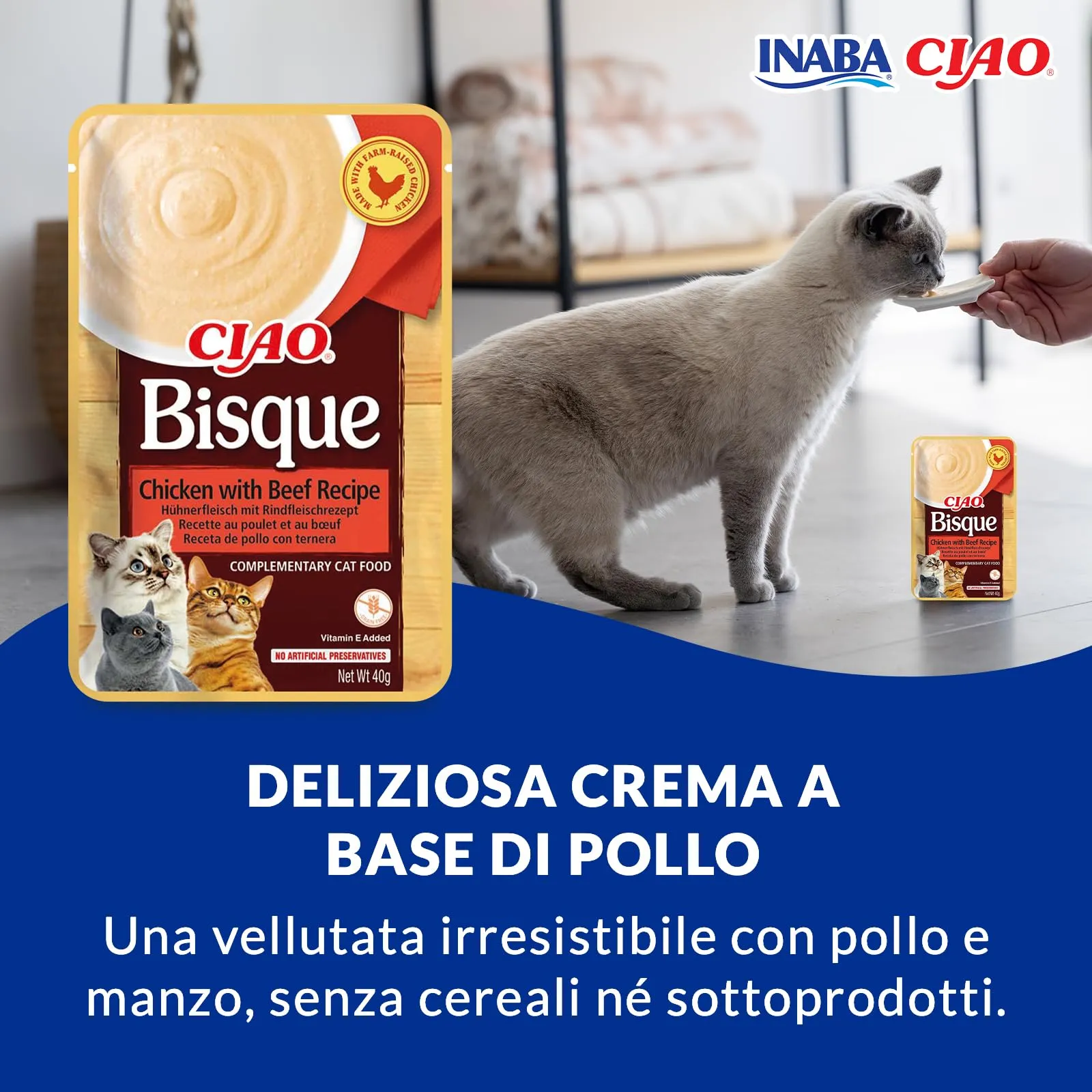 INABA Ciao Bisque Cibo Umido per Gatti al Pollo e Manzo, 12x40g - immagine 2