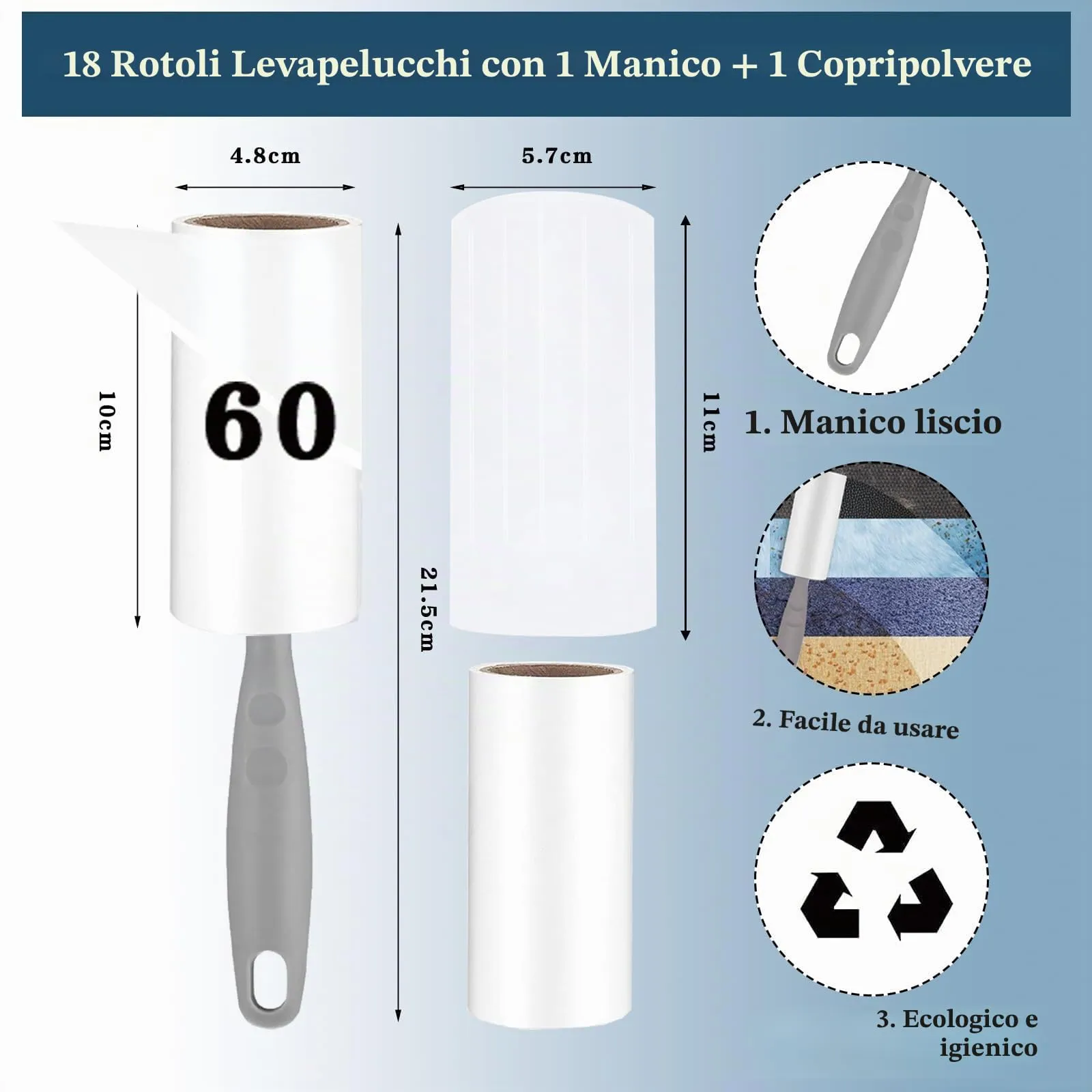 Omtofo Rullo Levapelucchi, 18 Rotoli, 1 Manico e 1 Parapolvere, 1080 Fogli - immagine 2