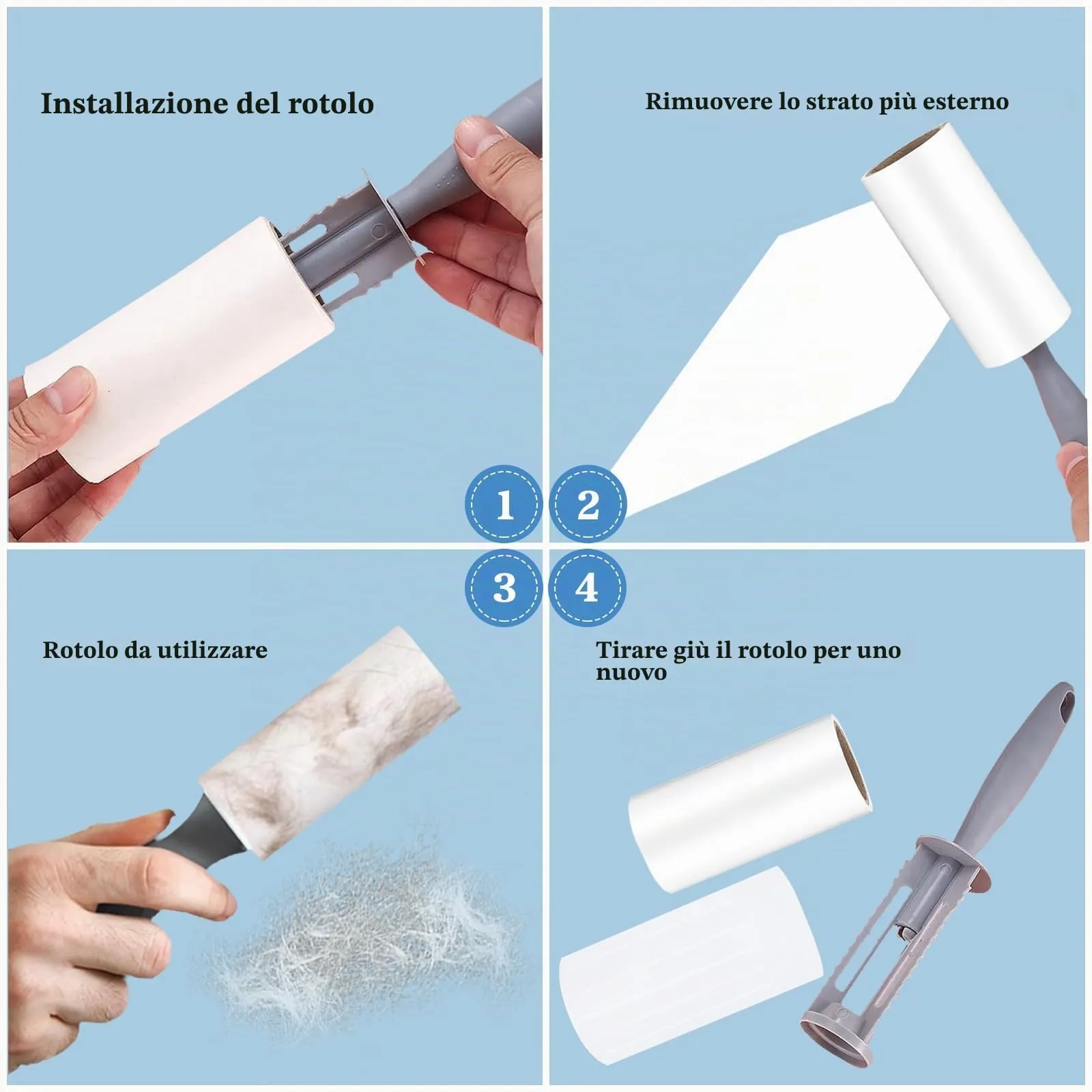 Omtofo Rullo Levapelucchi, 12 Rotoli da 60 Fogli, 1 Manico e 1 Parapolvere - immagine 4