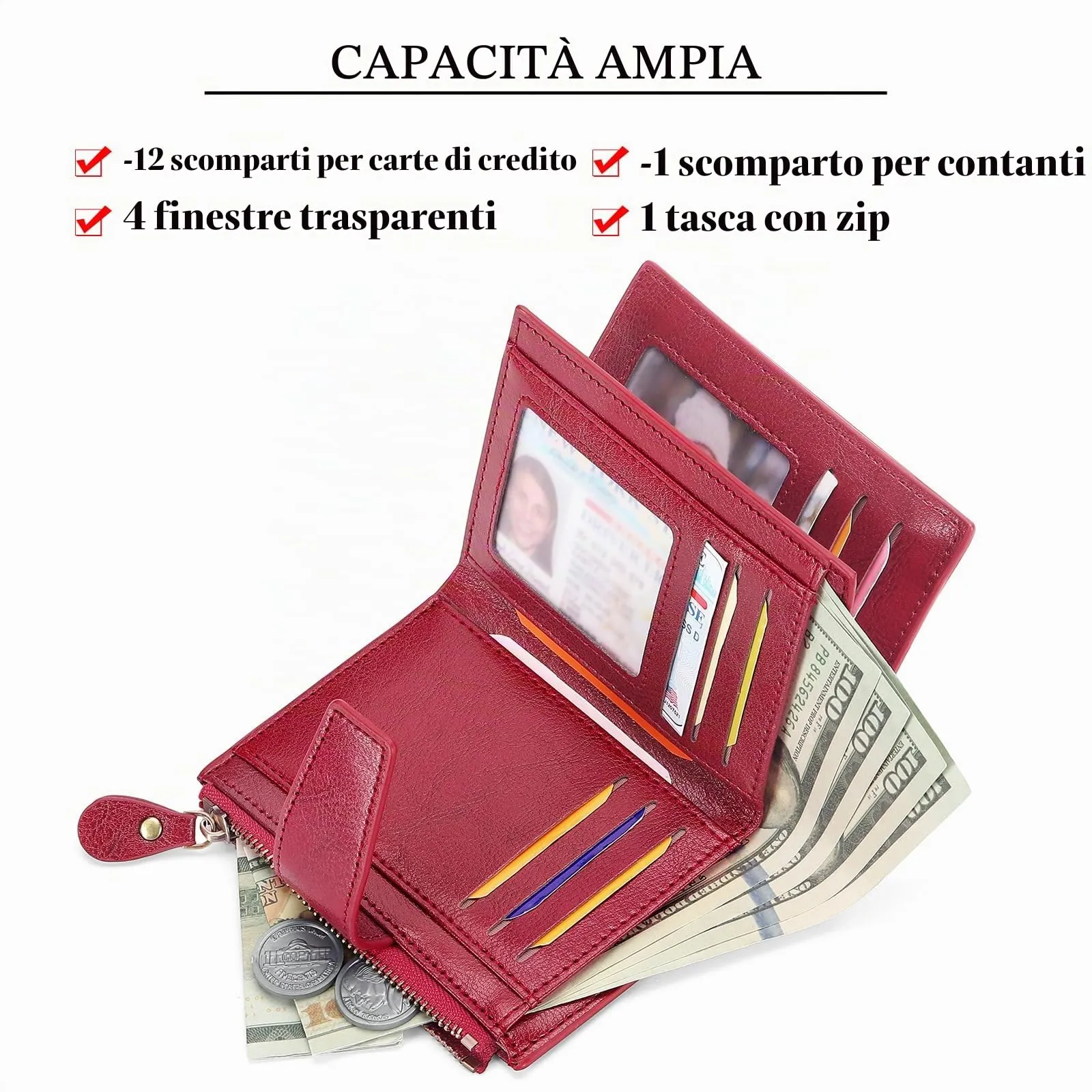 SENDEFN Portafoglio Donna in Pelle Vera Piccolo con Cerniera e 14 Slot per Carte - immagine 5