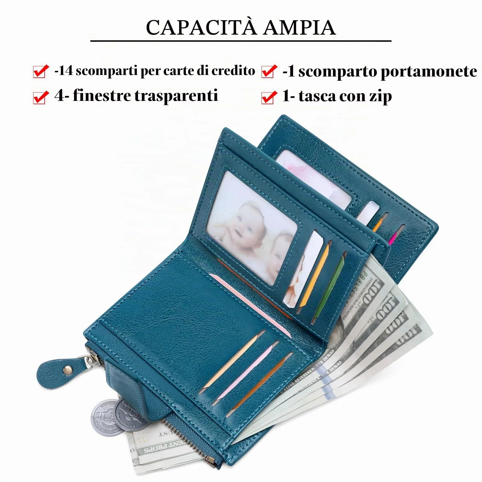 SENDEFN Portafoglio Donna in Pelle Vera con RFID, 14 Slot per Carte e Portamonete con Cerniera - immagine 6