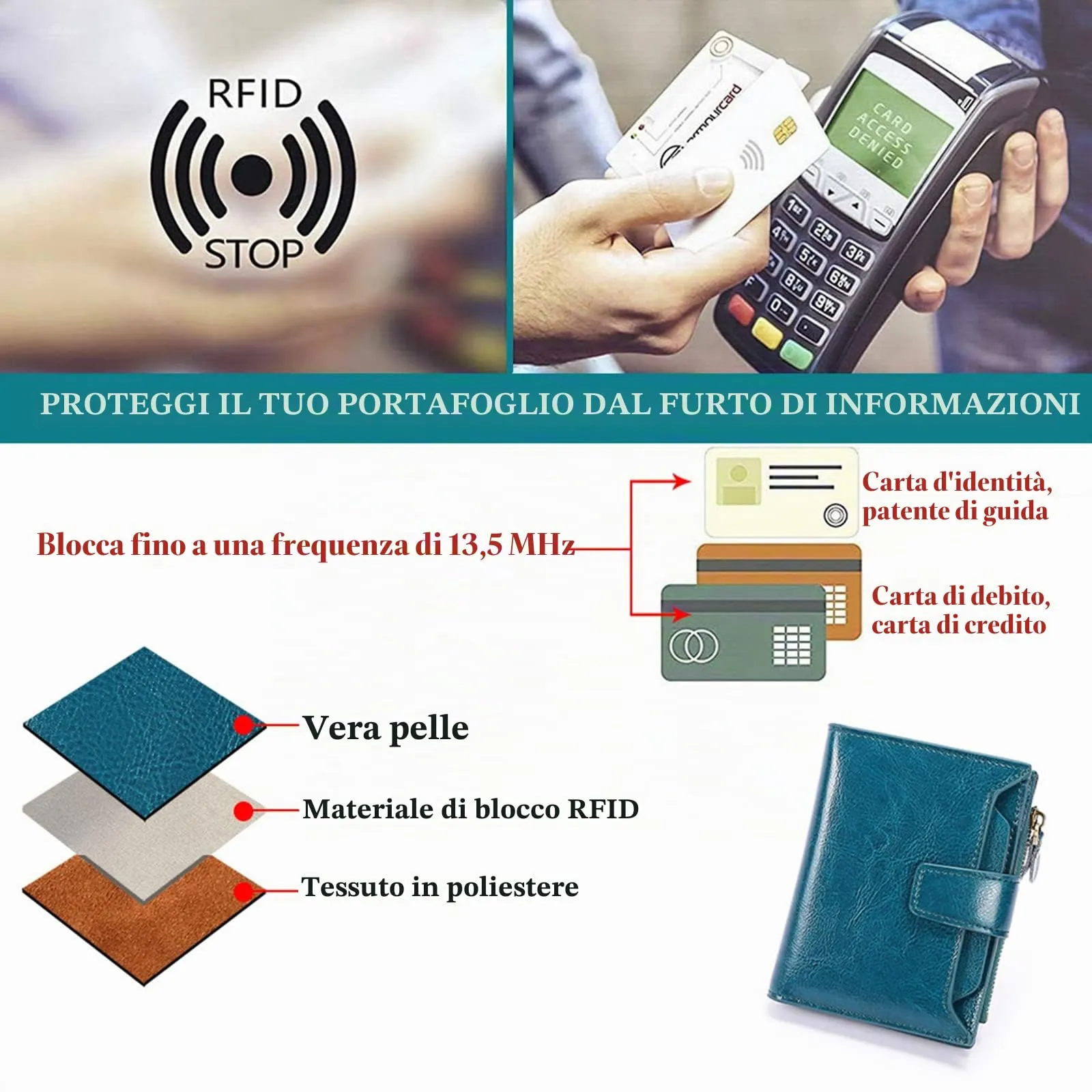 SENDEFN Portafoglio Donna in Pelle Vera con RFID, 14 Slot per Carte e Portamonete con Cerniera - immagine 9