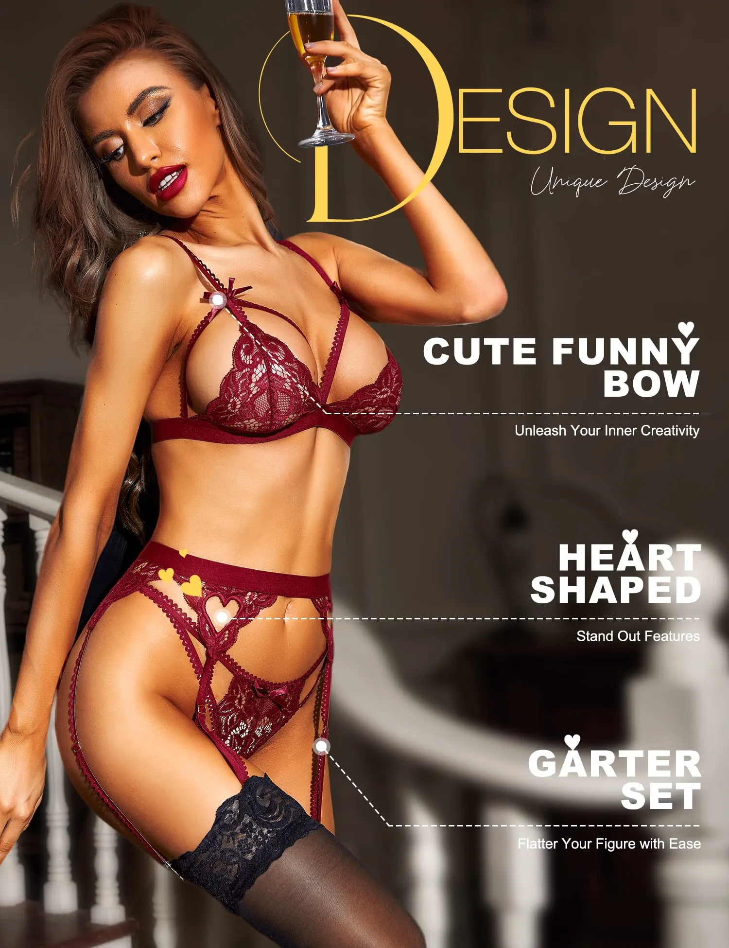 RSLOVE Set di Biancheria Intima Donna Taglie Forti, Body in Pizzo Teddy con Reggicalze, Rosso Vino, XXL - immagine 3
