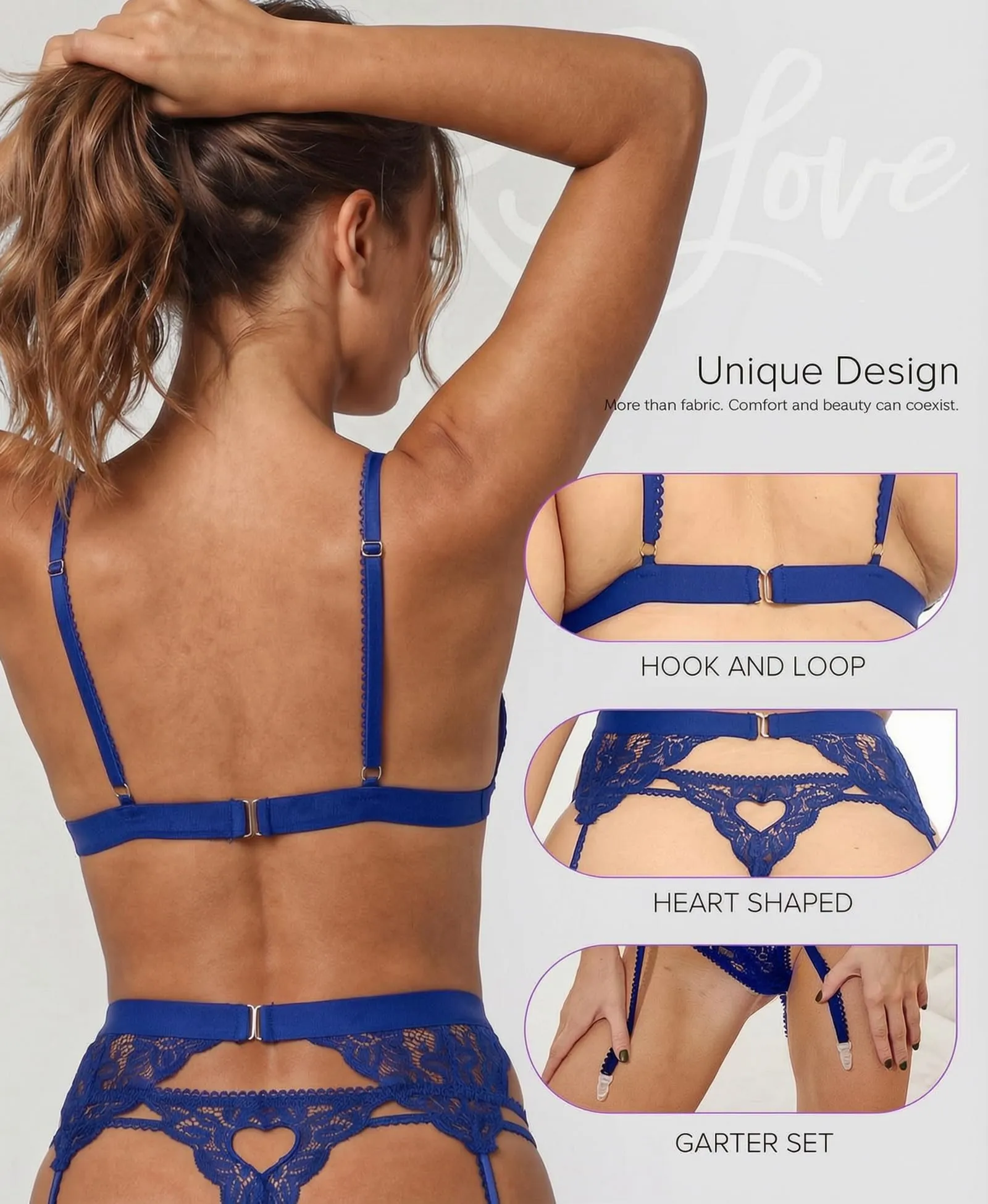 RSLOVE Set Intimo da Donna con Reggicalze, Reggiseno in Pizzo e Slip, Mini Babydoll, Blu, XL - immagine 4